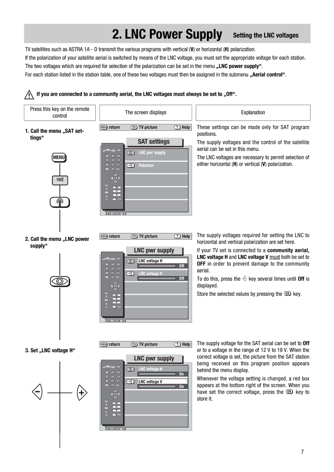 Metz 1014 083, 081 LNC Power Supply Setting the LNC voltages, SAT settings, LNC pwr supply, Call the menu „SAT set- tings 