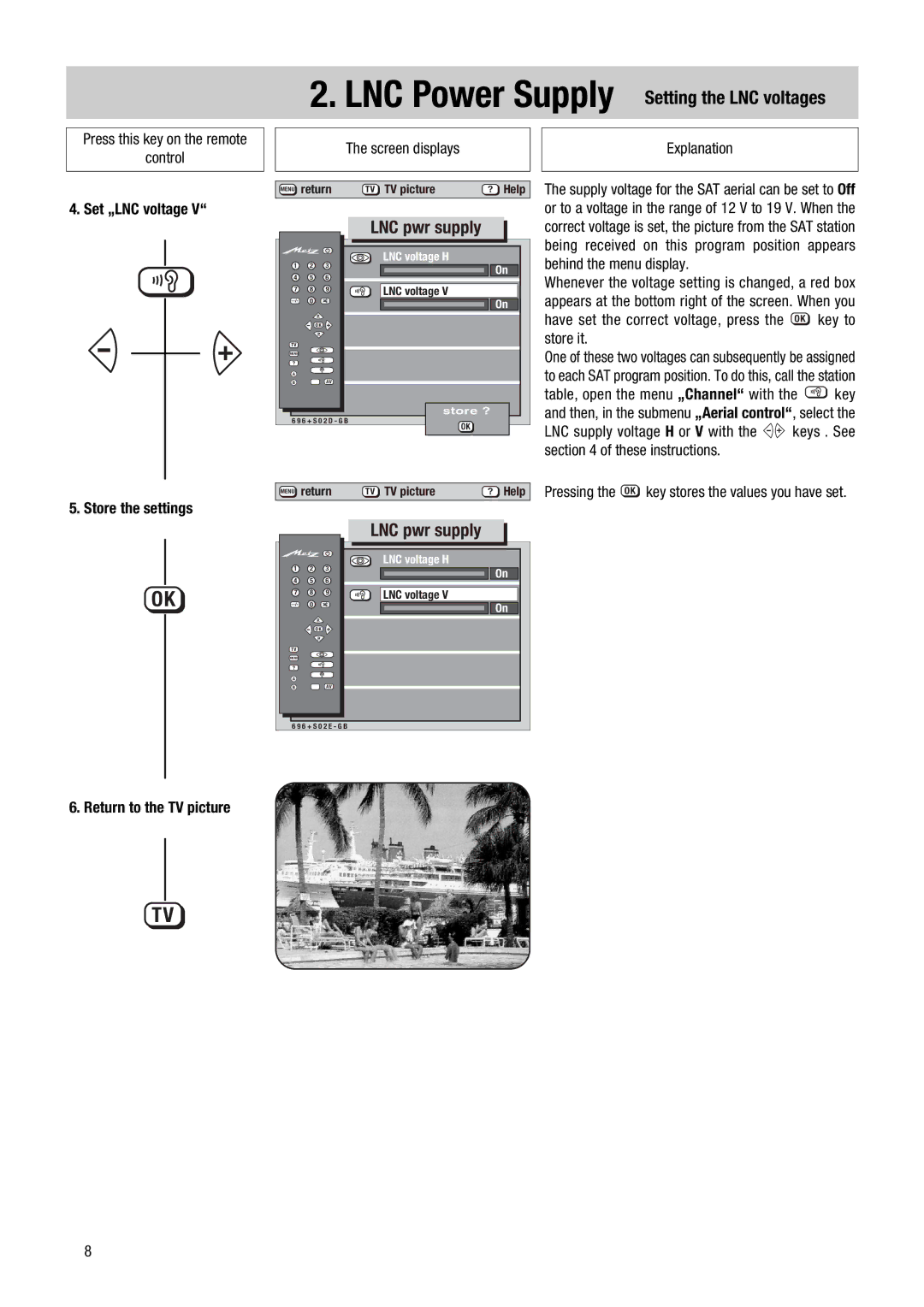 Metz 081, NB 1018, 082 NB Setting the LNC voltages, Screen displays Explanation, Set „LNC voltage Store the settings 