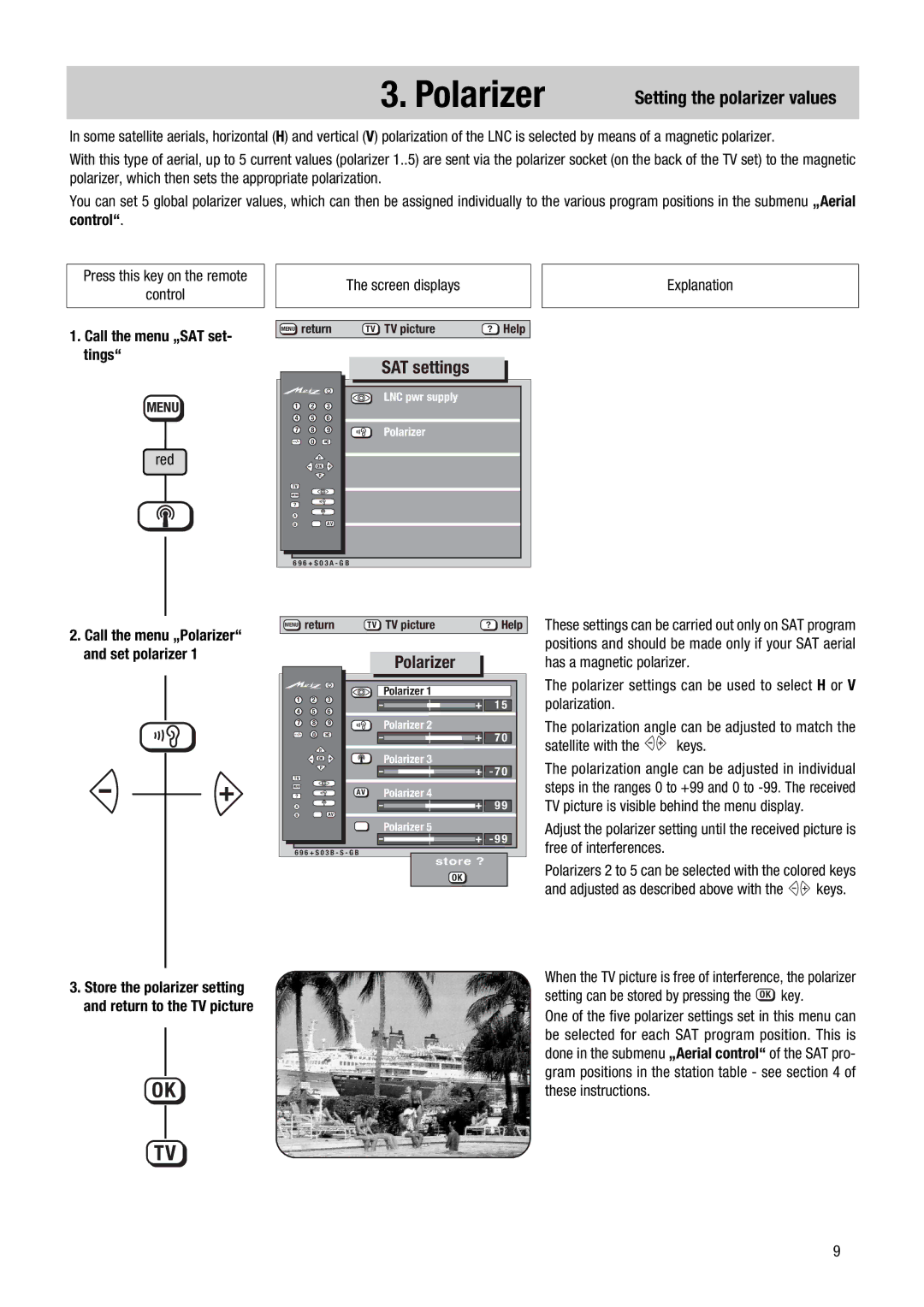 Metz NB 1010, NB 1018, 082 NB, 1014 083, 081 operating instructions Polarizer, Setting the polarizer values, SAT settings 