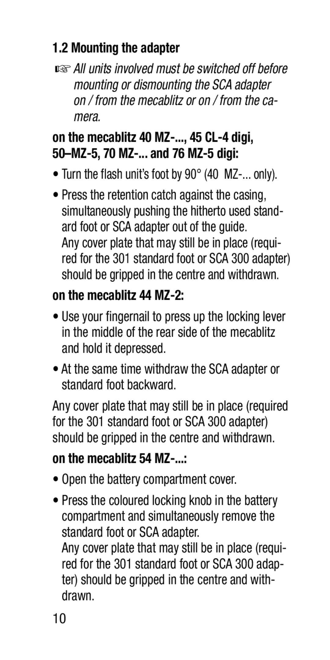 Metz SCA 3202-M Mounting the adapter, On the mecablitz 44 MZ-2, On the mecablitz 54 MZ, Open the battery compartment cover 