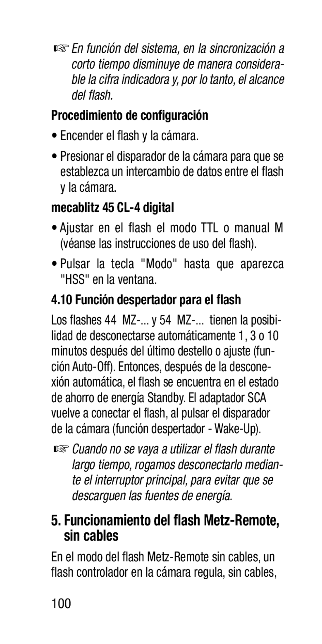 Metz SCA 3202-M manual Funcionamiento del flash Metz-Remote, sin cables, Procedimiento de configuración, 100 