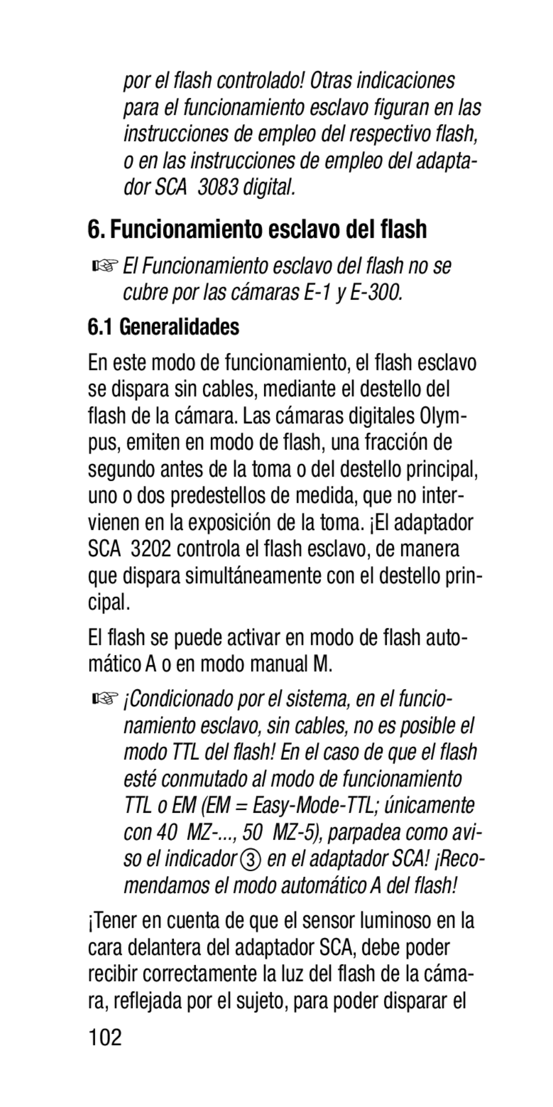 Metz SCA 3202-M manual Funcionamiento esclavo del flash, Generalidades, 102 