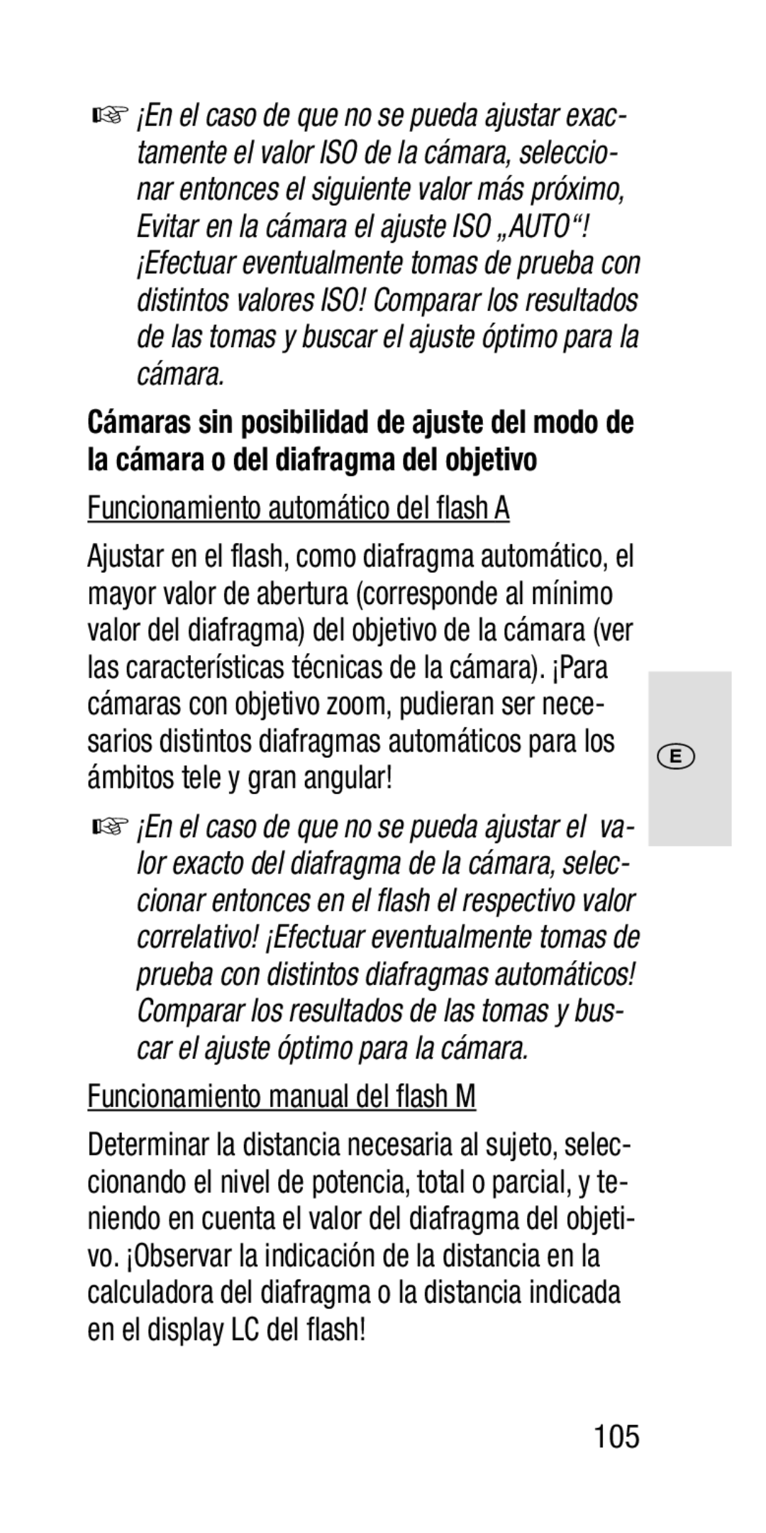 Metz SCA 3202-M Funcionamiento automático del flash a, Funcionamiento manual del flash M, 105 