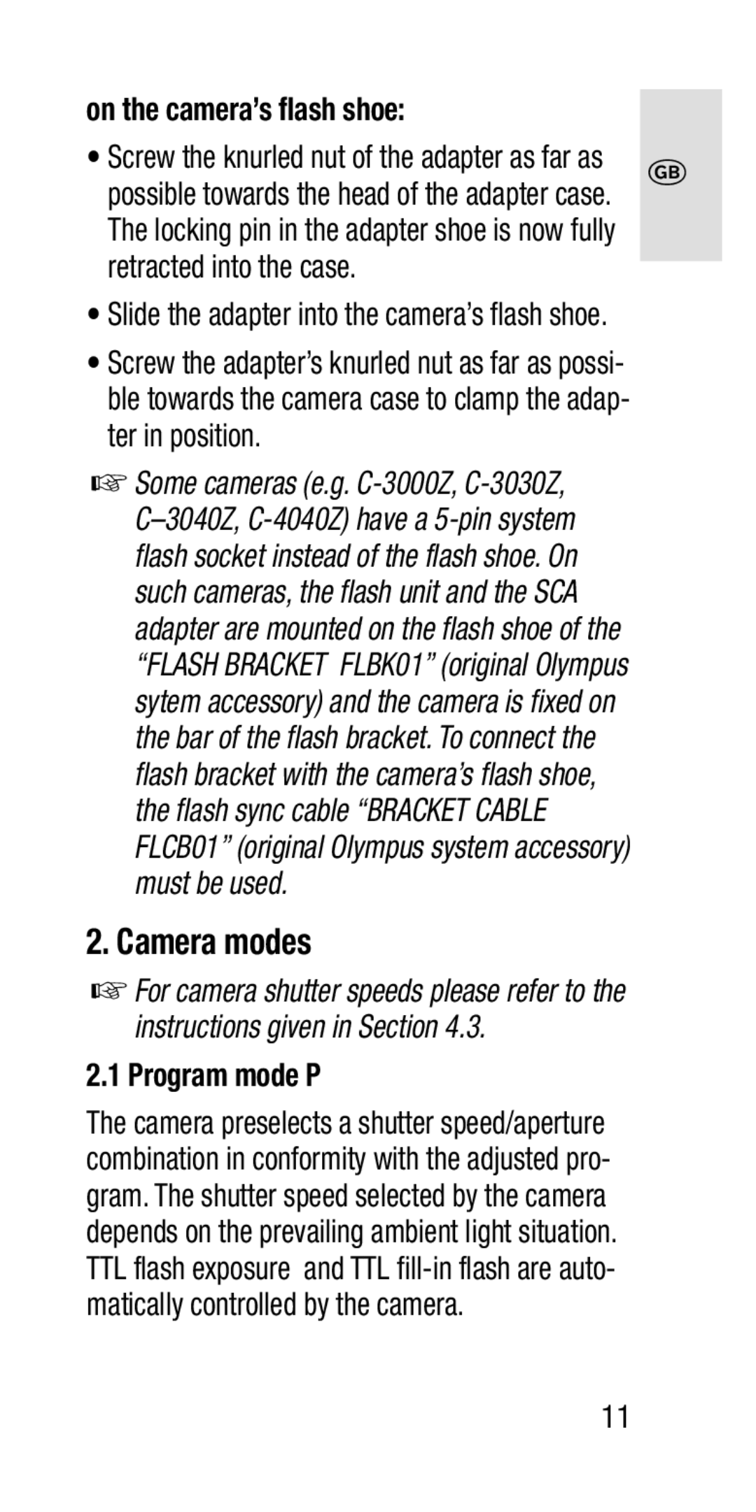 Metz SCA 3202-M Camera modes, On the camera’s flash shoe, Program mode P, Slide the adapter into the camera’s flash shoe 