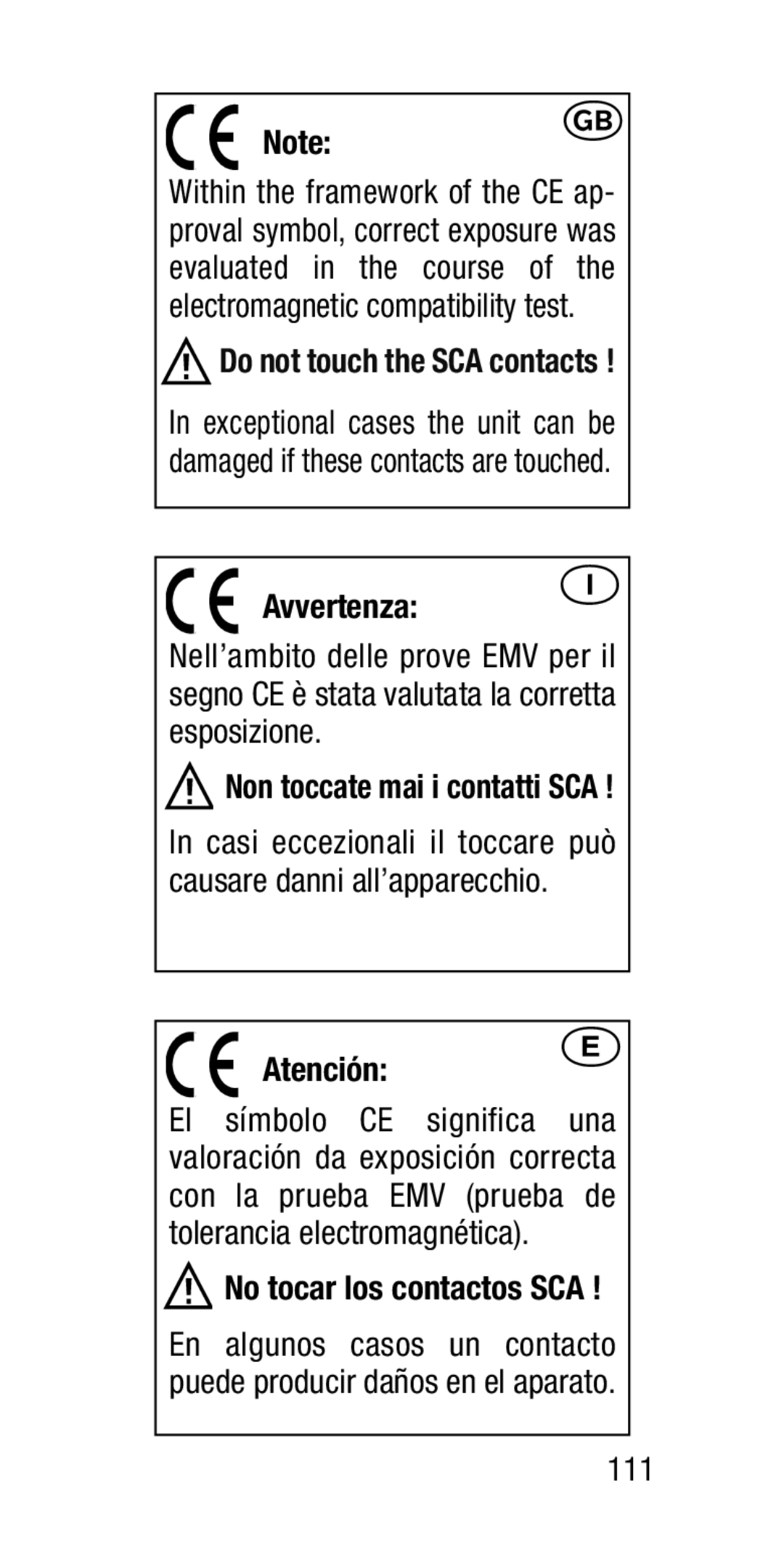 Metz SCA 3202-M manual Avvertenza, Atención, No tocar los contactos SCA, 111, Non toccate mai i contatti SCA 