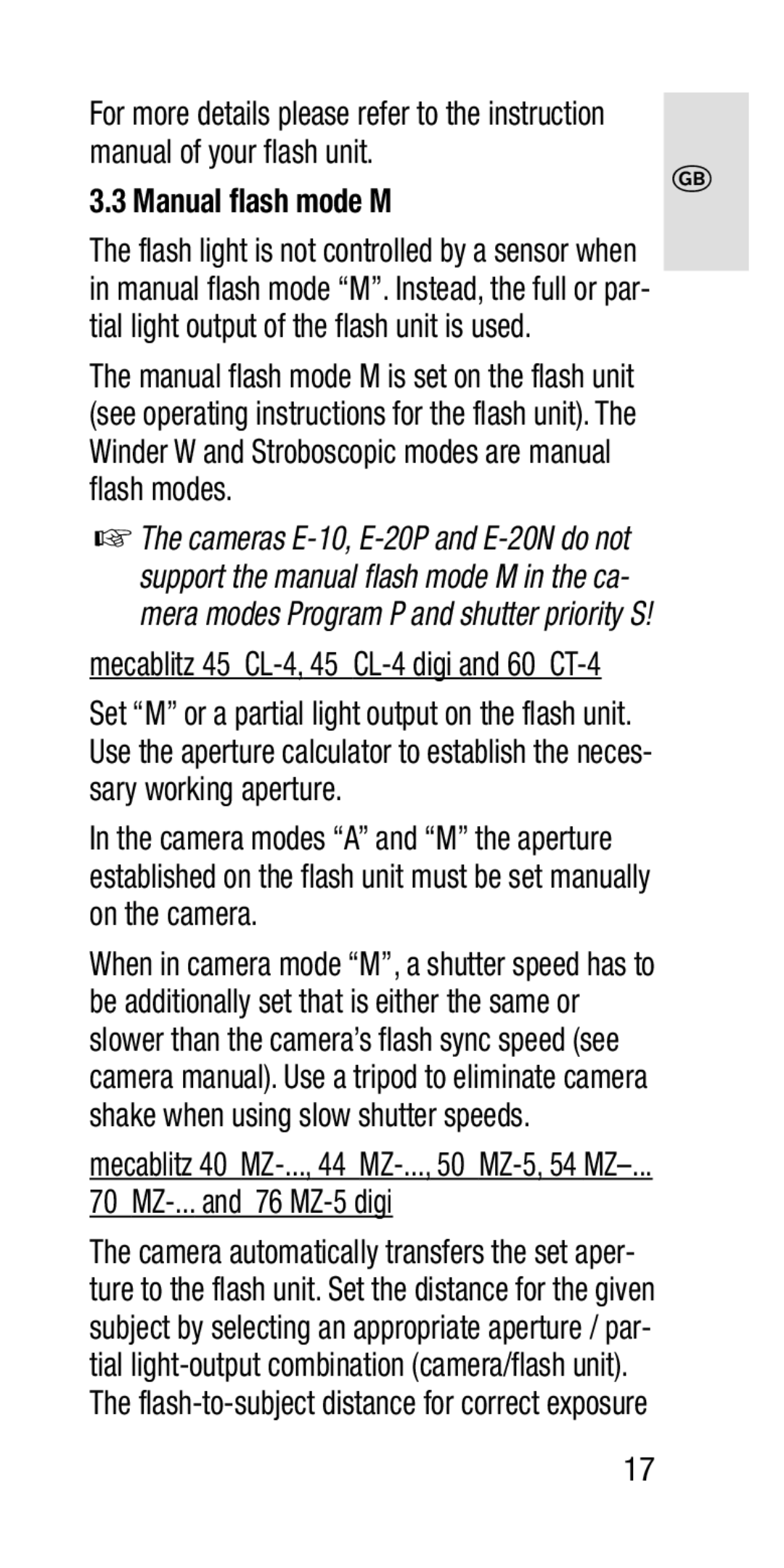 Metz SCA 3202-M manual Manual flash mode M, 70 MZ-... and 76 MZ-5 digi, Mecablitz 40 MZ-..., 44 MZ-..., 50 MZ-5, 54 MZ 