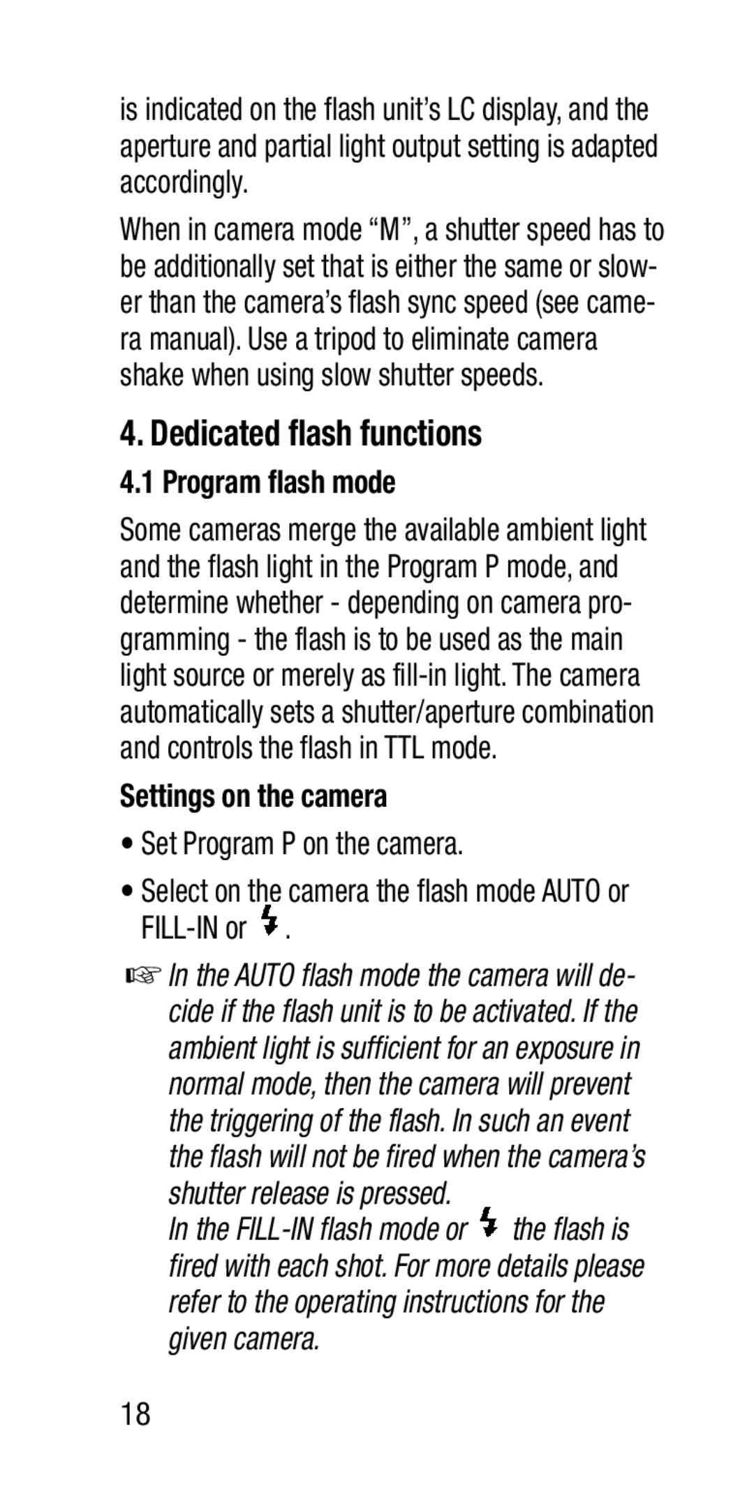 Metz SCA 3202-M manual Dedicated flash functions, Program flash mode, Settings on the camera 