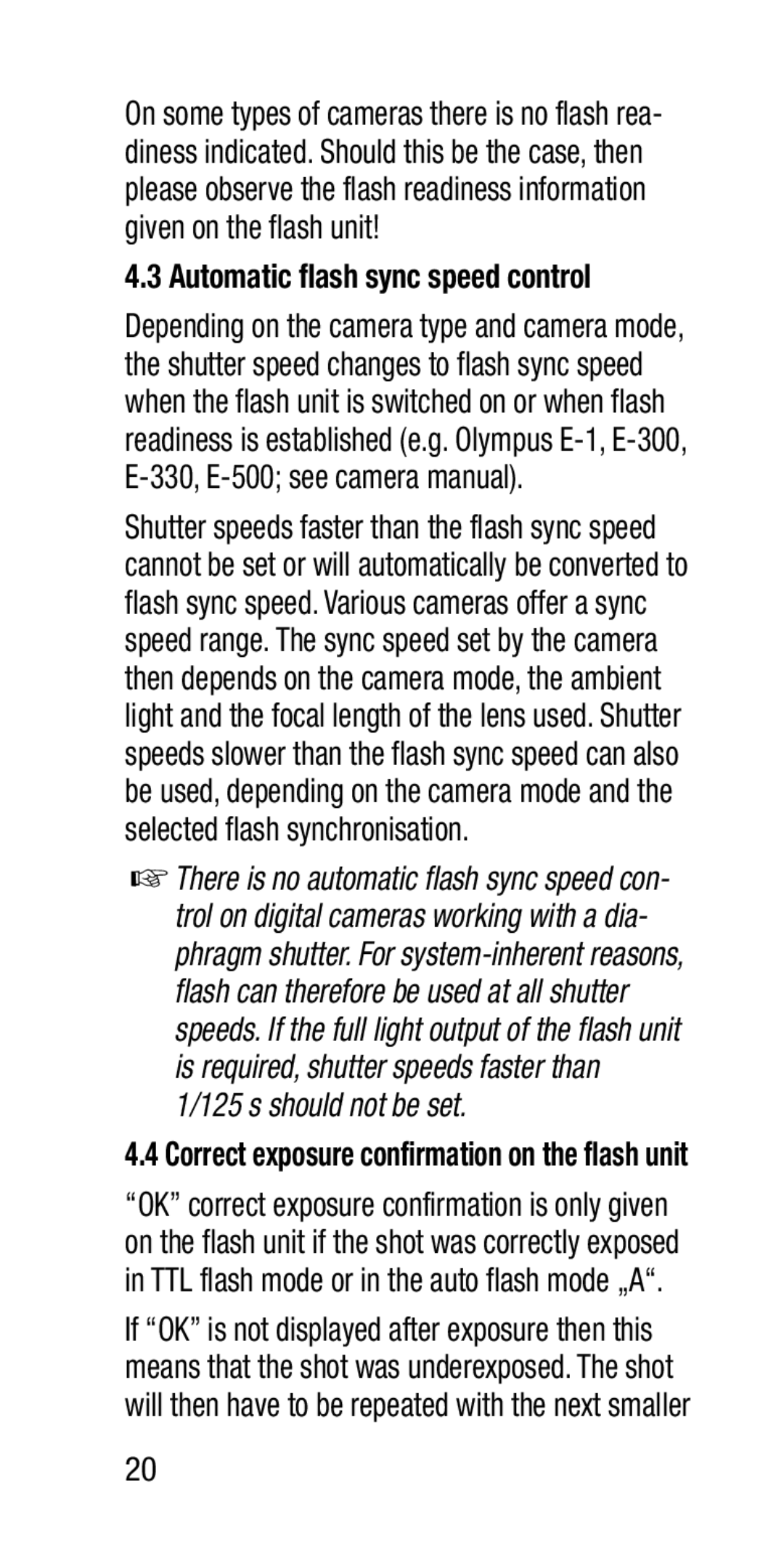 Metz SCA 3202-M manual Automatic flash sync speed control, Correct exposure confirmation on the flash unit 