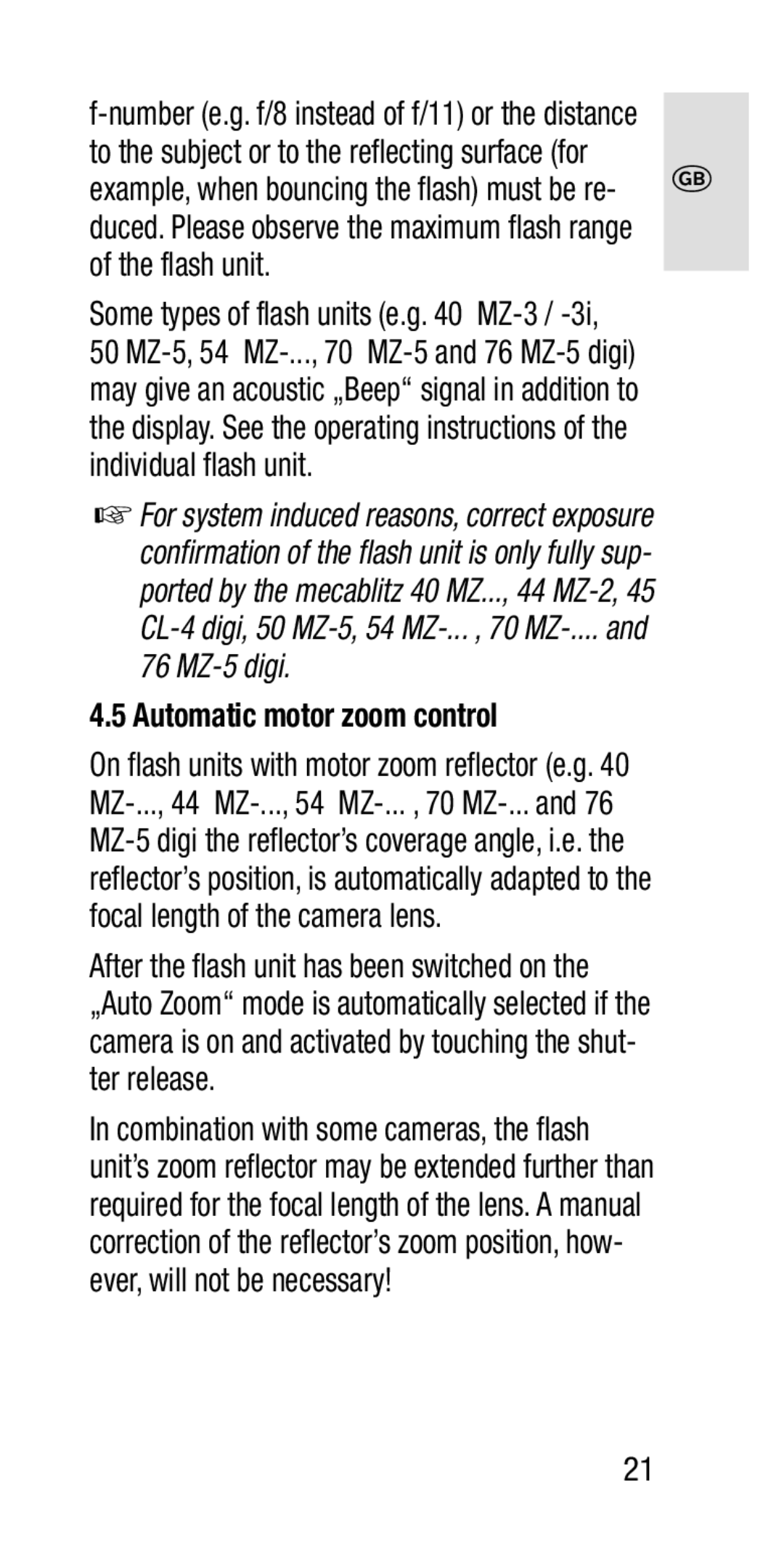 Metz SCA 3202-M manual Flash unit, Automatic motor zoom control 