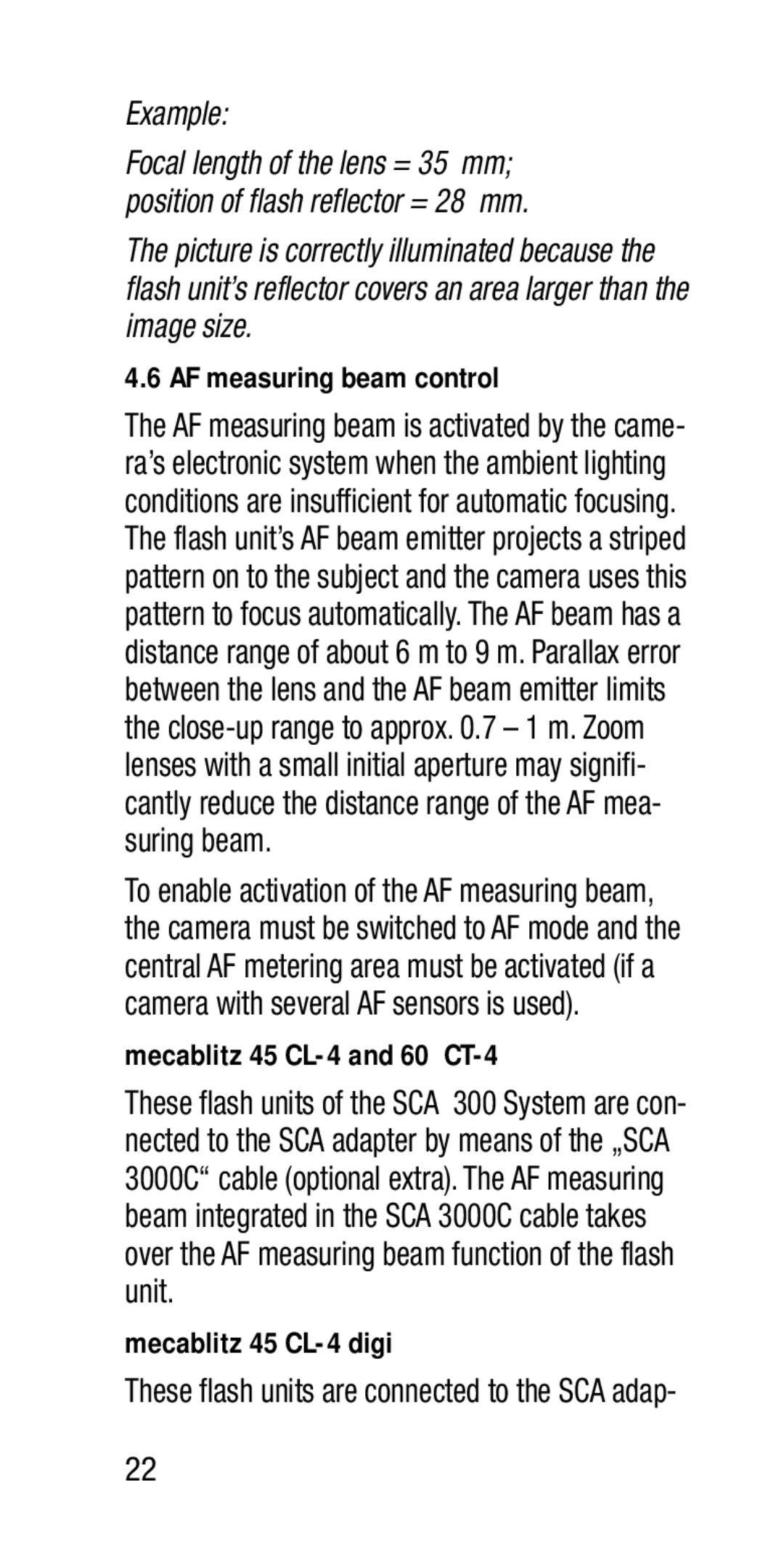 Metz SCA 3202-M manual AF measuring beam control, Mecablitz 45 CL-4 and 60 CT-4, Mecablitz 45 CL-4 digi 