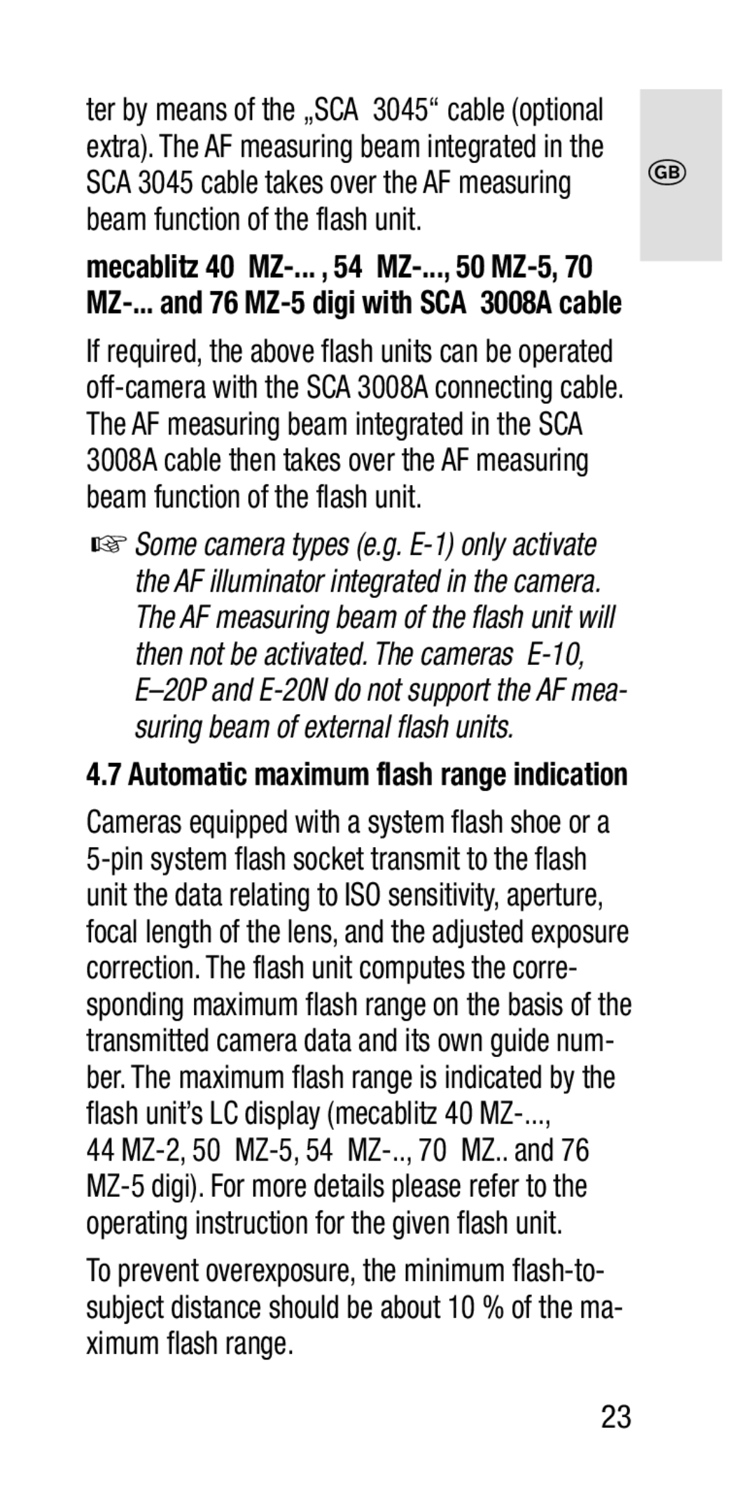 Metz SCA 3202-M manual Automatic maximum flash range indication 