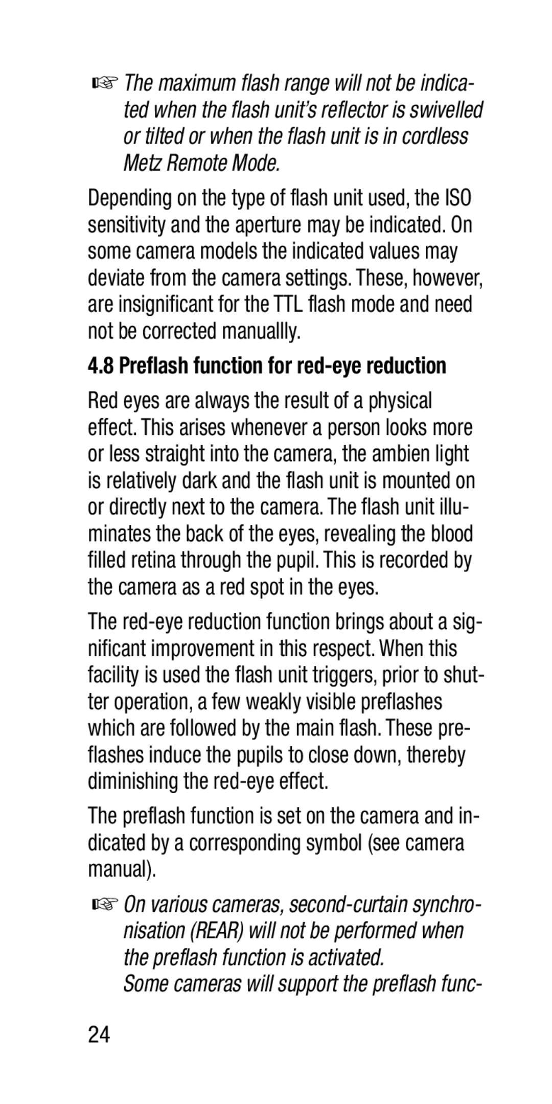 Metz SCA 3202-M manual Preflash function for red-eye reduction 