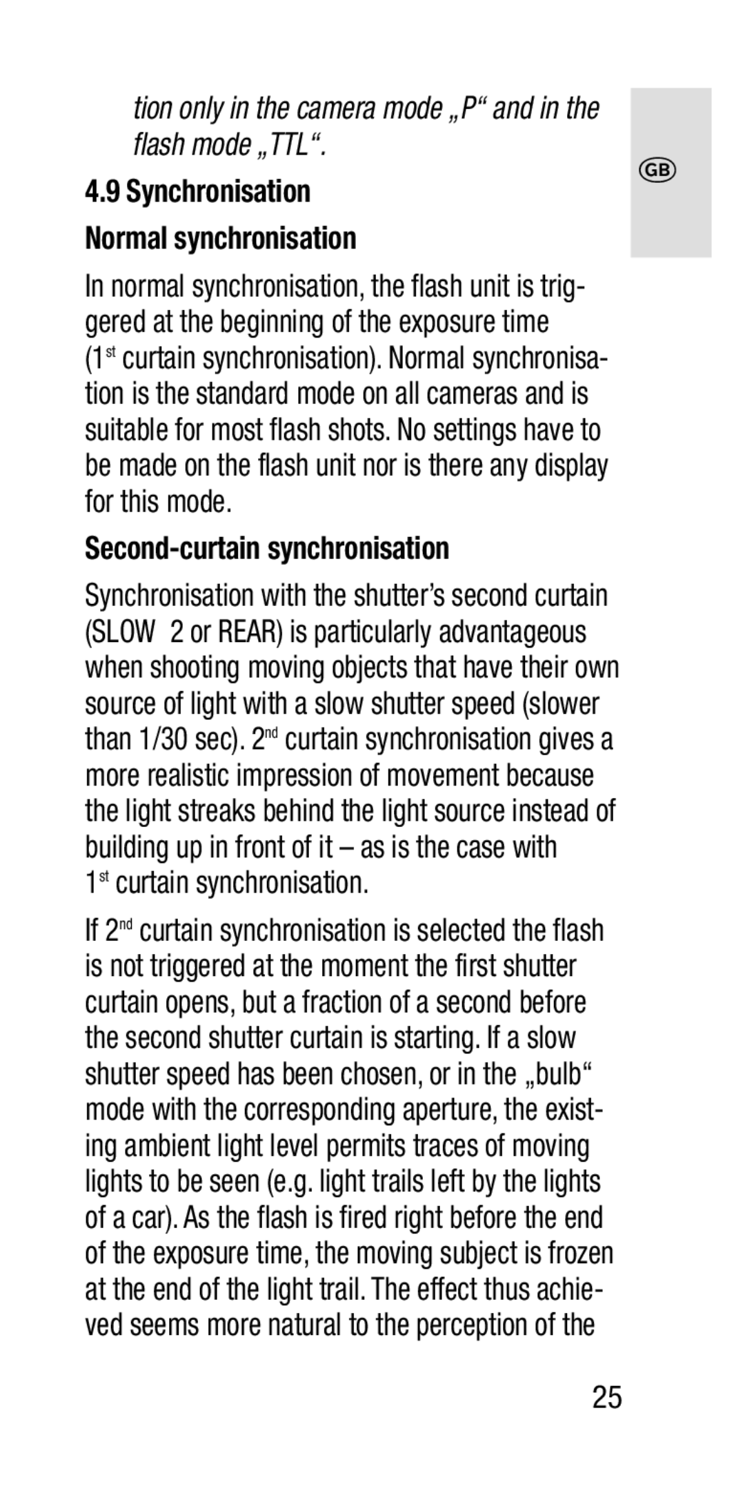 Metz SCA 3202-M manual Synchronisation Normal synchronisation, Second-curtain synchronisation, 1st curtain synchronisation 