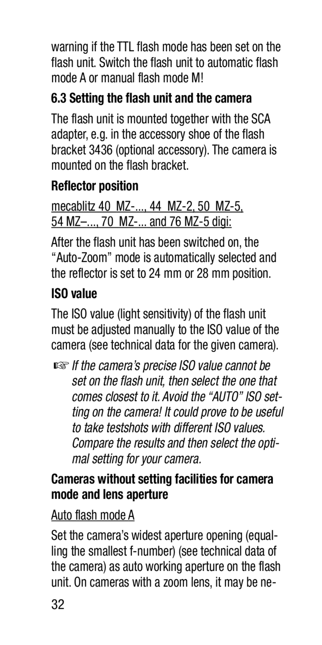 Metz SCA 3202-M manual Reflector position, ISO value, Auto flash mode a, Setting the flash unit and the camera 