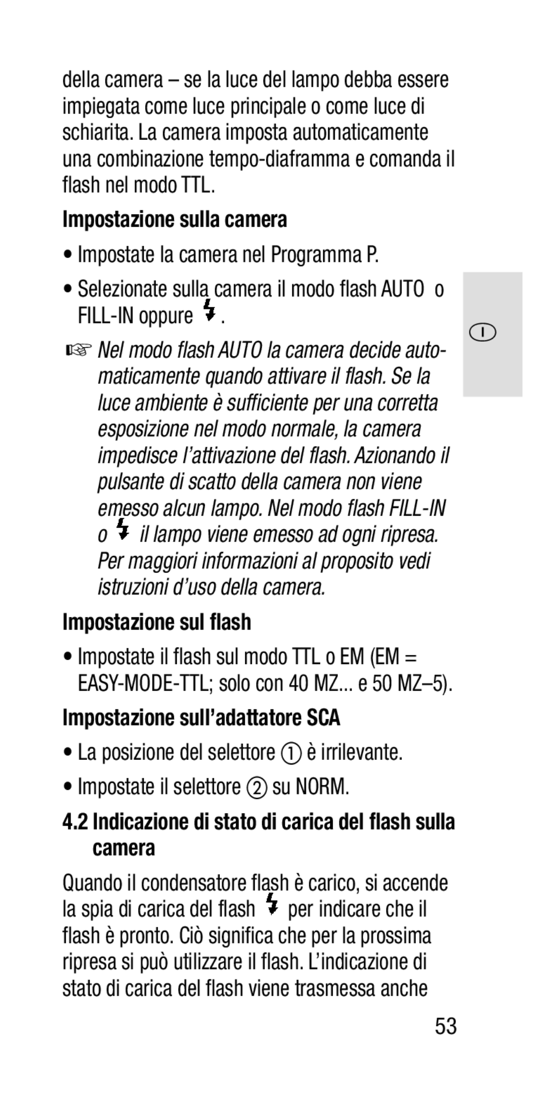 Metz SCA 3202-M manual Impostazione sulla camera, FILL-IN oppure, Impostazione sul flash, Impostazione sull’adattatore SCA 