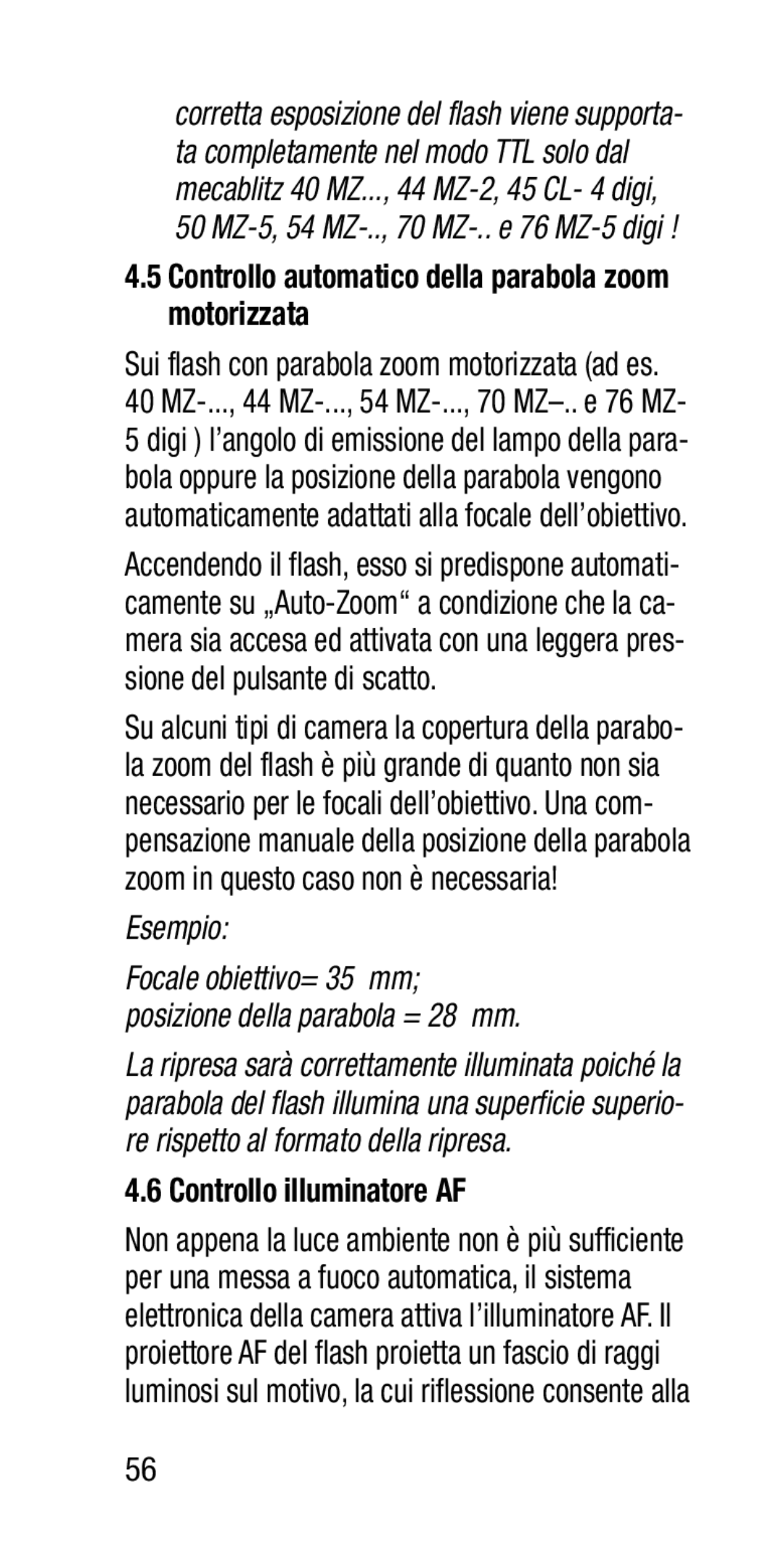 Metz SCA 3202-M manual Controllo automatico della parabola zoom motorizzata, Controllo illuminatore AF 