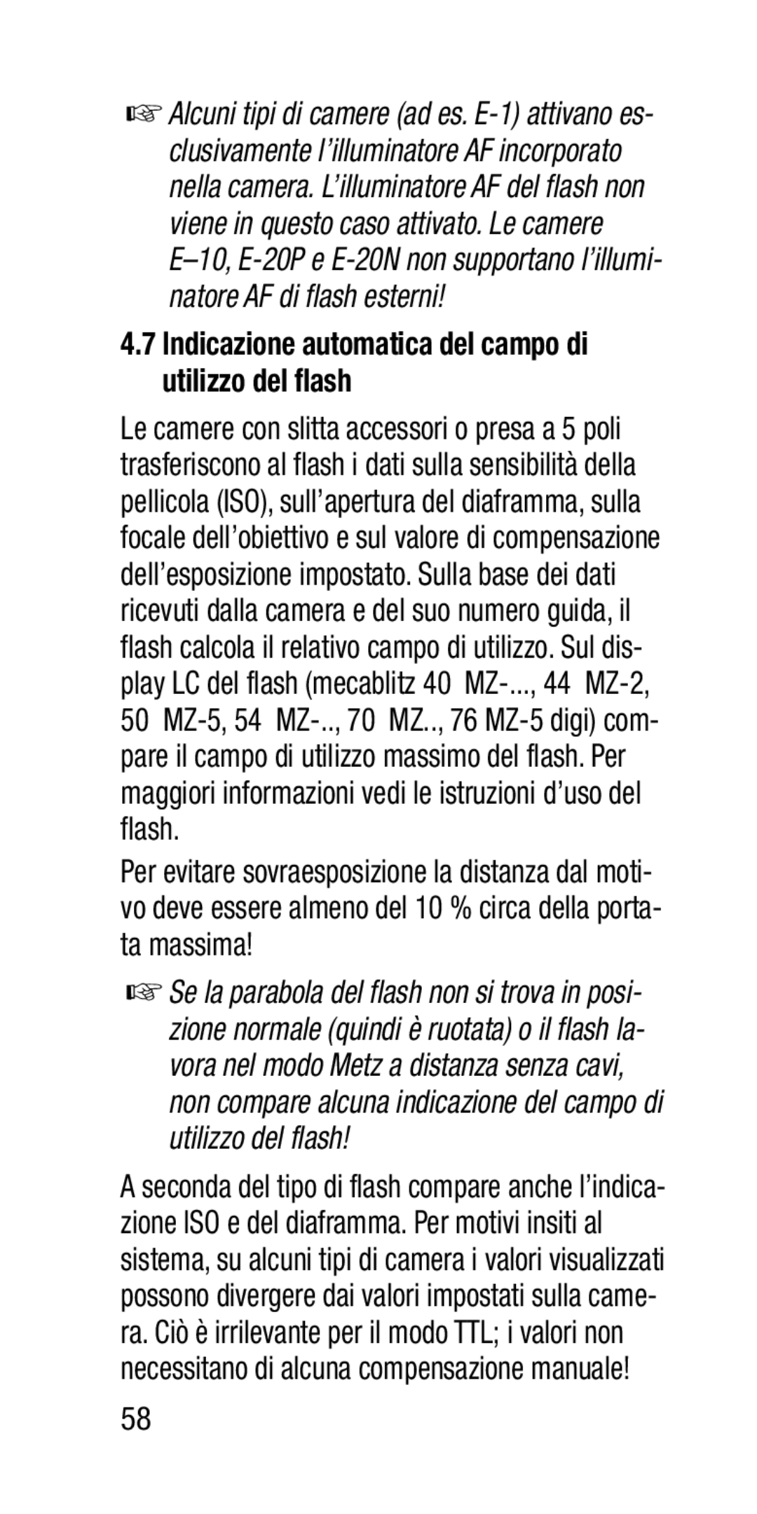 Metz SCA 3202-M manual Indicazione automatica del campo di utilizzo del flash 