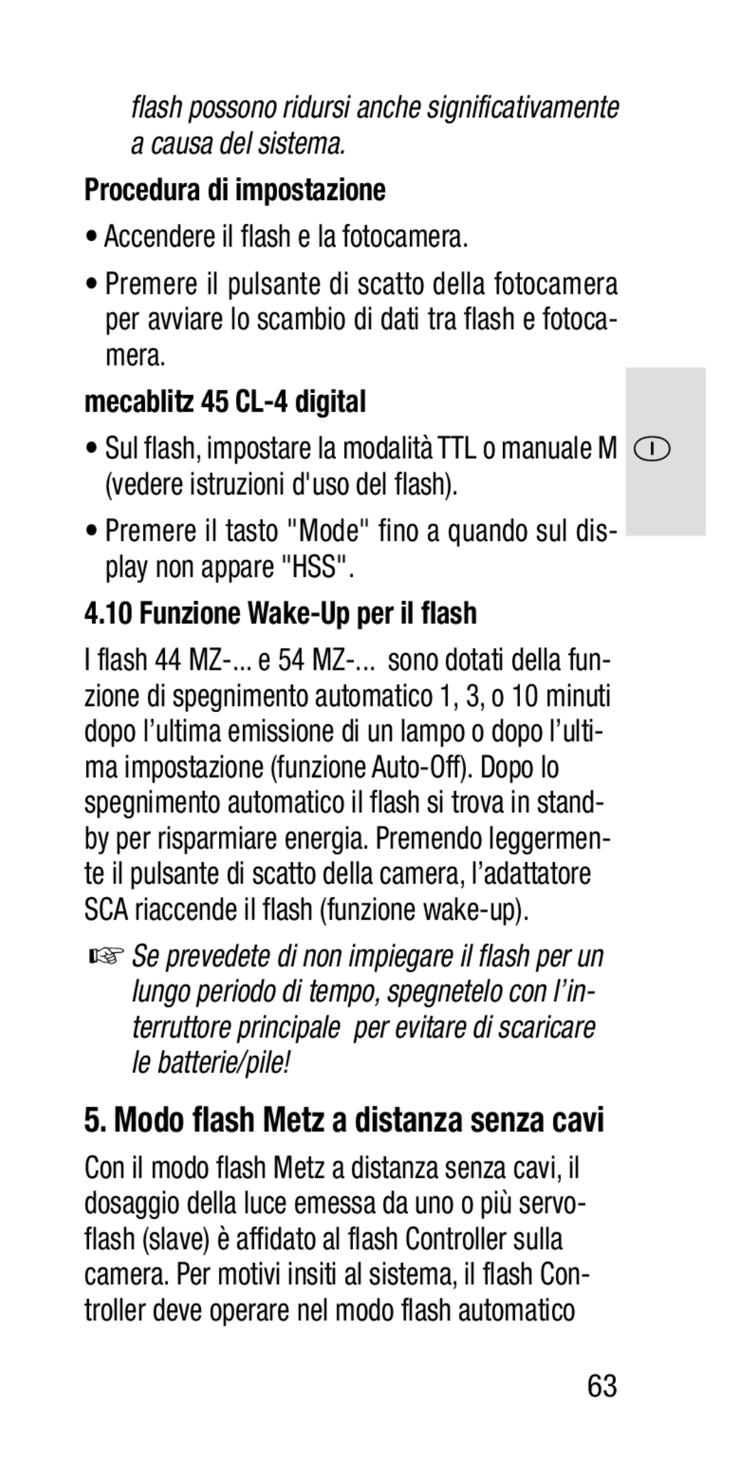 Metz SCA 3202-M manual Procedura di impostazione, Funzione Wake-Up per il flash, Modo flash Metz a distanza senza cavi 