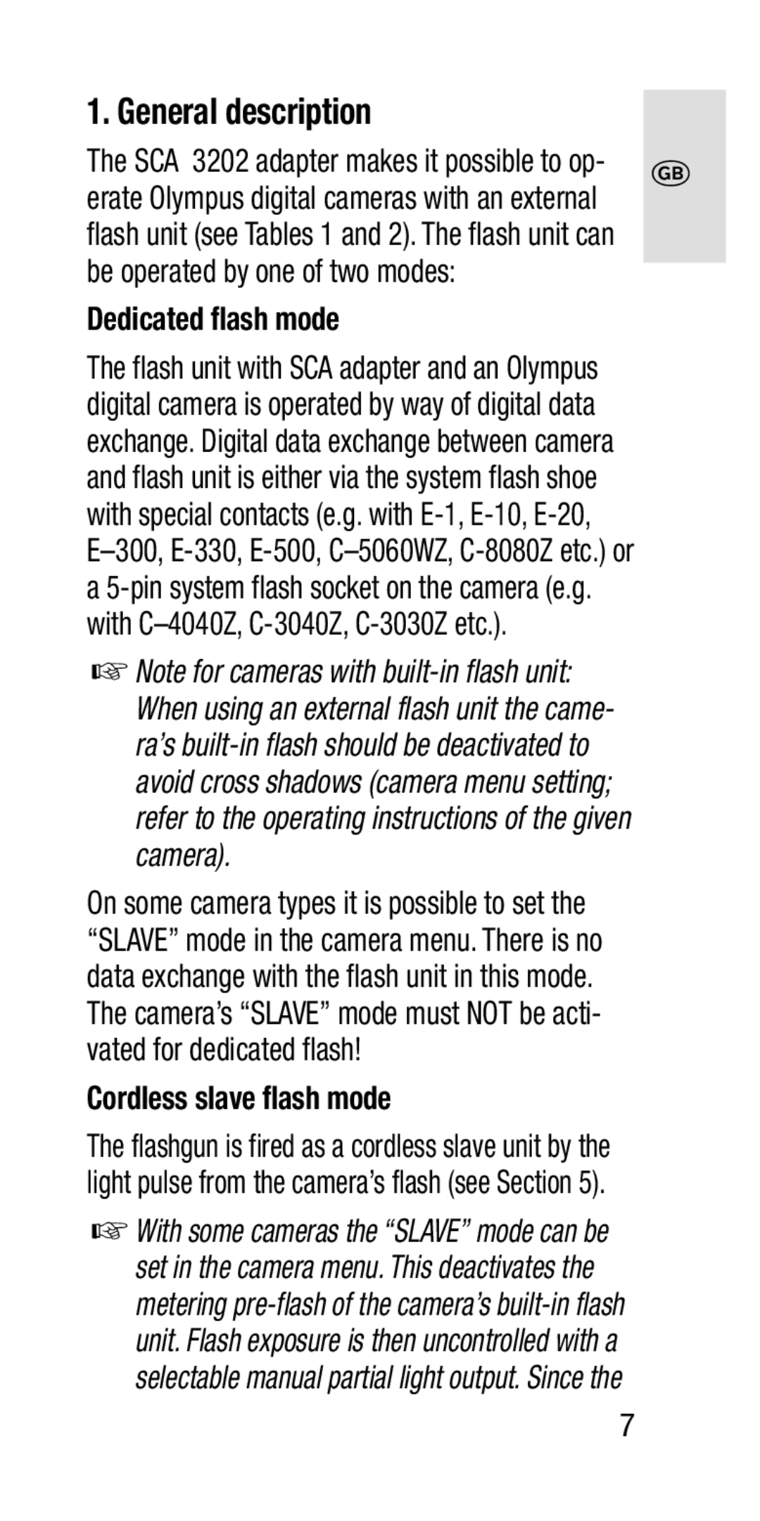 Metz SCA 3202-M manual General description, Dedicated flash mode, Cordless slave flash mode 