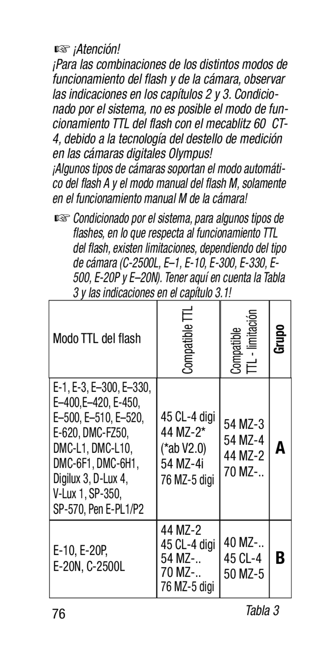 Metz SCA 3202-M manual Grupo, Modo TTL del flash 