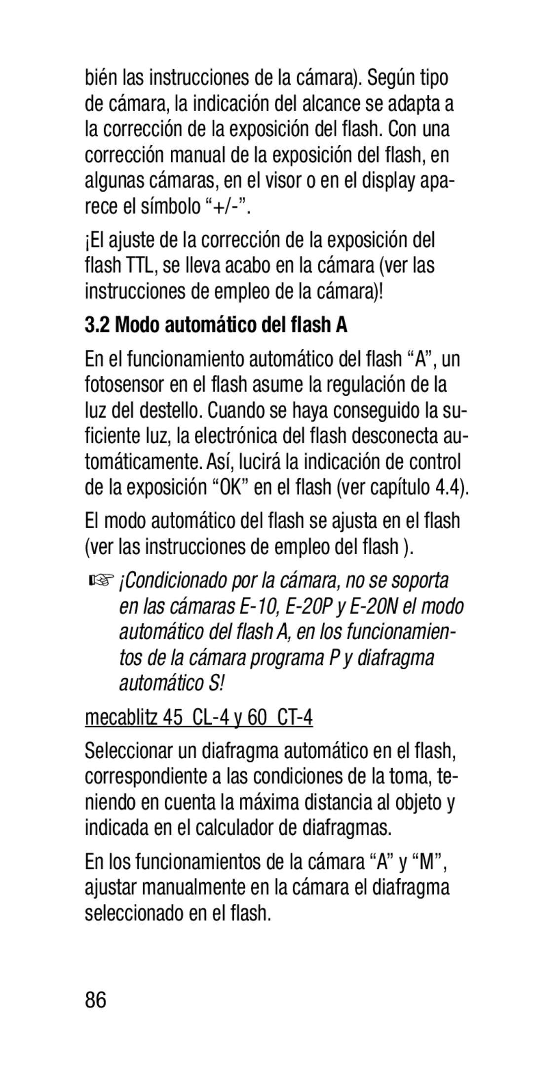 Metz SCA 3202-M manual Modo automático del flash a, Mecablitz 45 CL-4 y 60 CT-4 