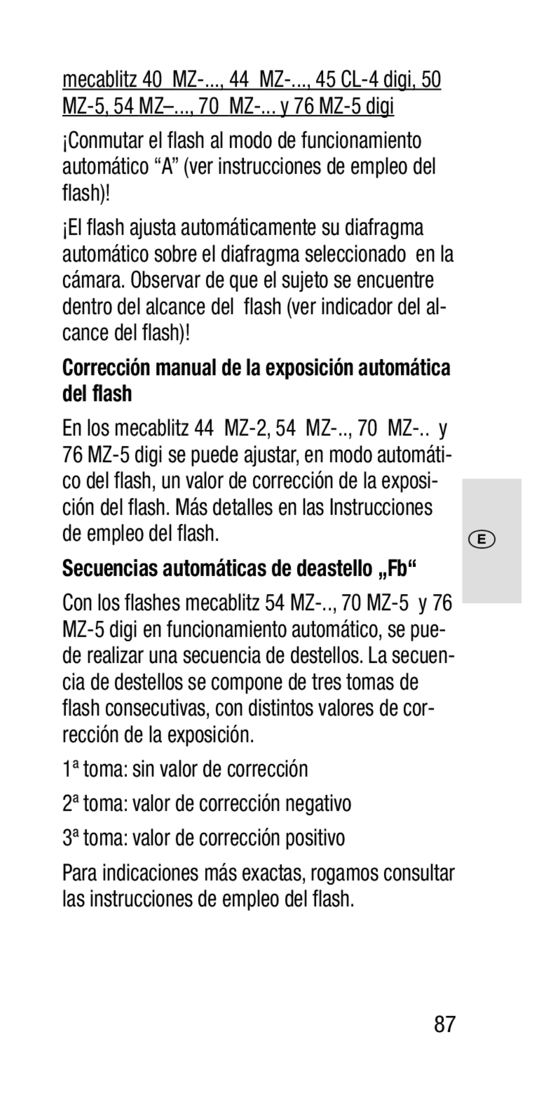 Metz SCA 3202-M Corrección manual de la exposición automática del flash, MZ-.., 70 MZ-.. y, De empleo del flash 