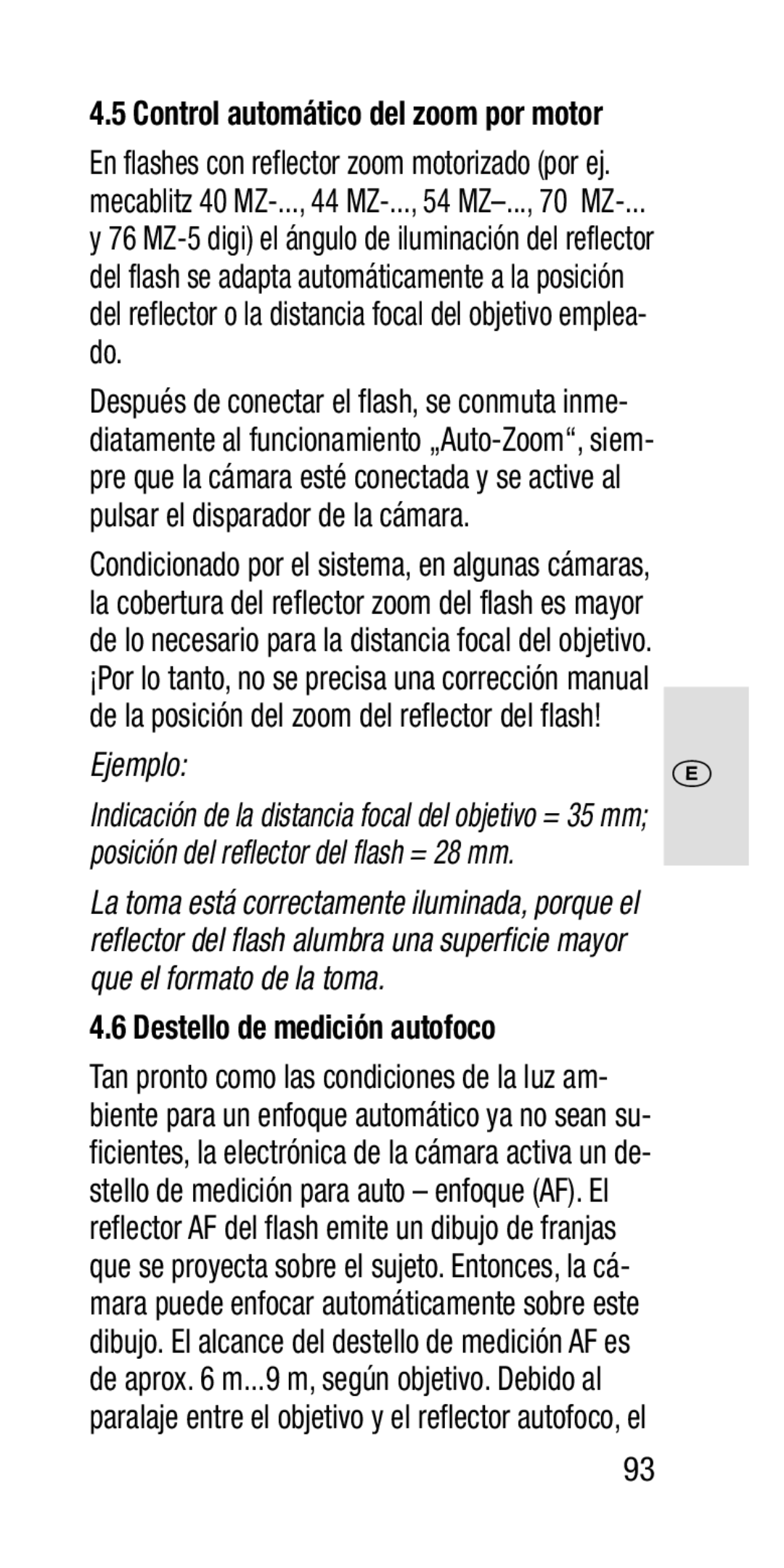 Metz SCA 3202-M manual Destello de medición autofoco, Control automático del zoom por motor 