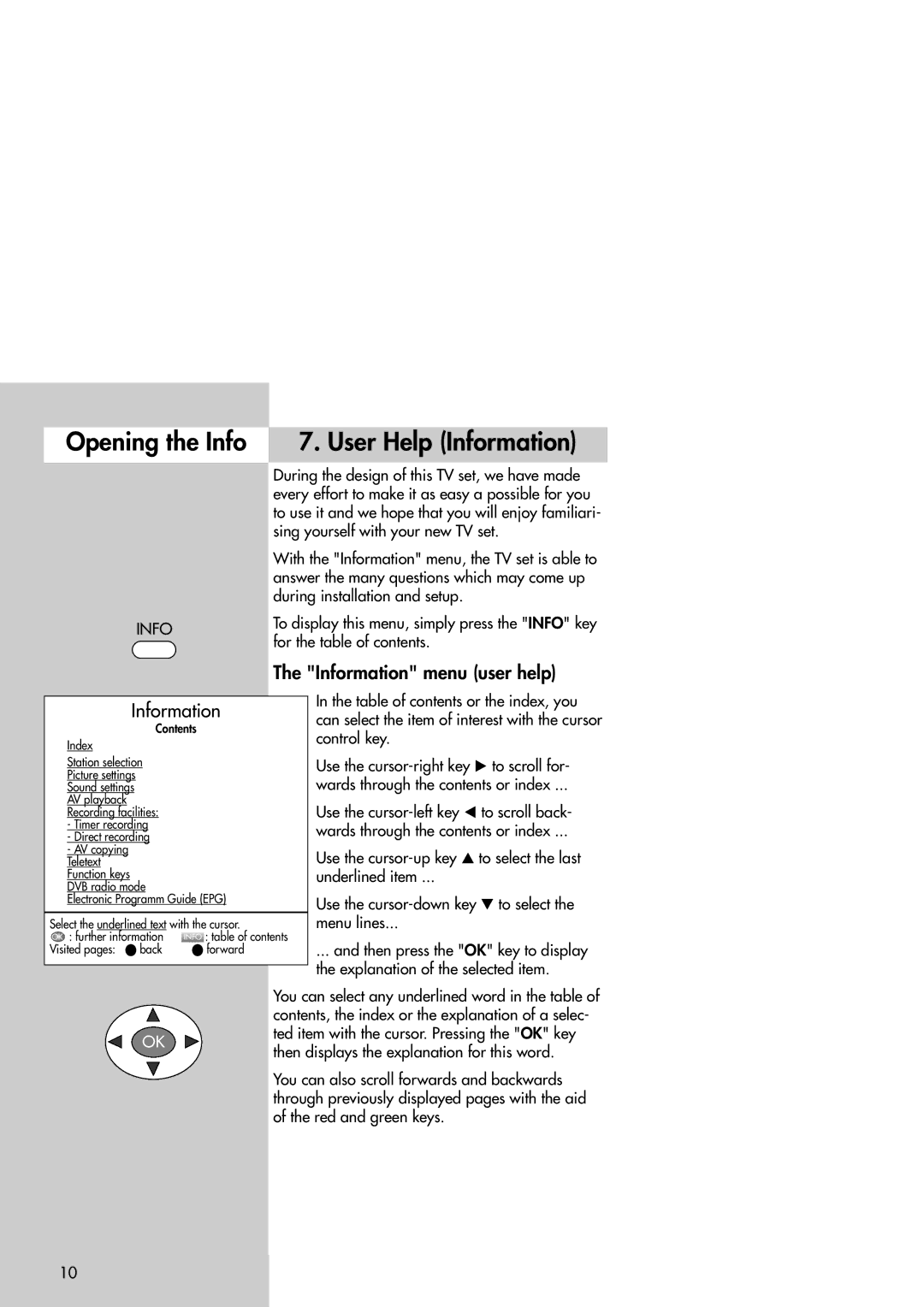Metz Slim TV manual Opening the Info User Help Information, Information menu user help 