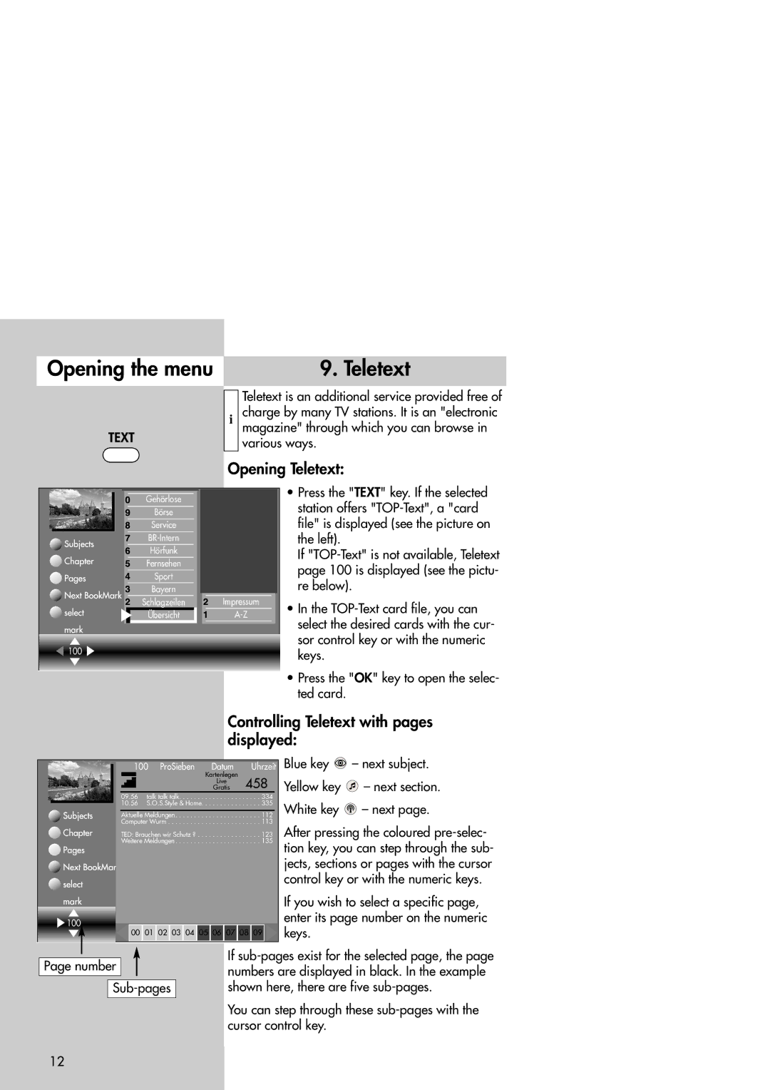 Metz Slim TV manual Opening the menu Teletext, Opening Teletext, Controlling Teletext with pages displayed 