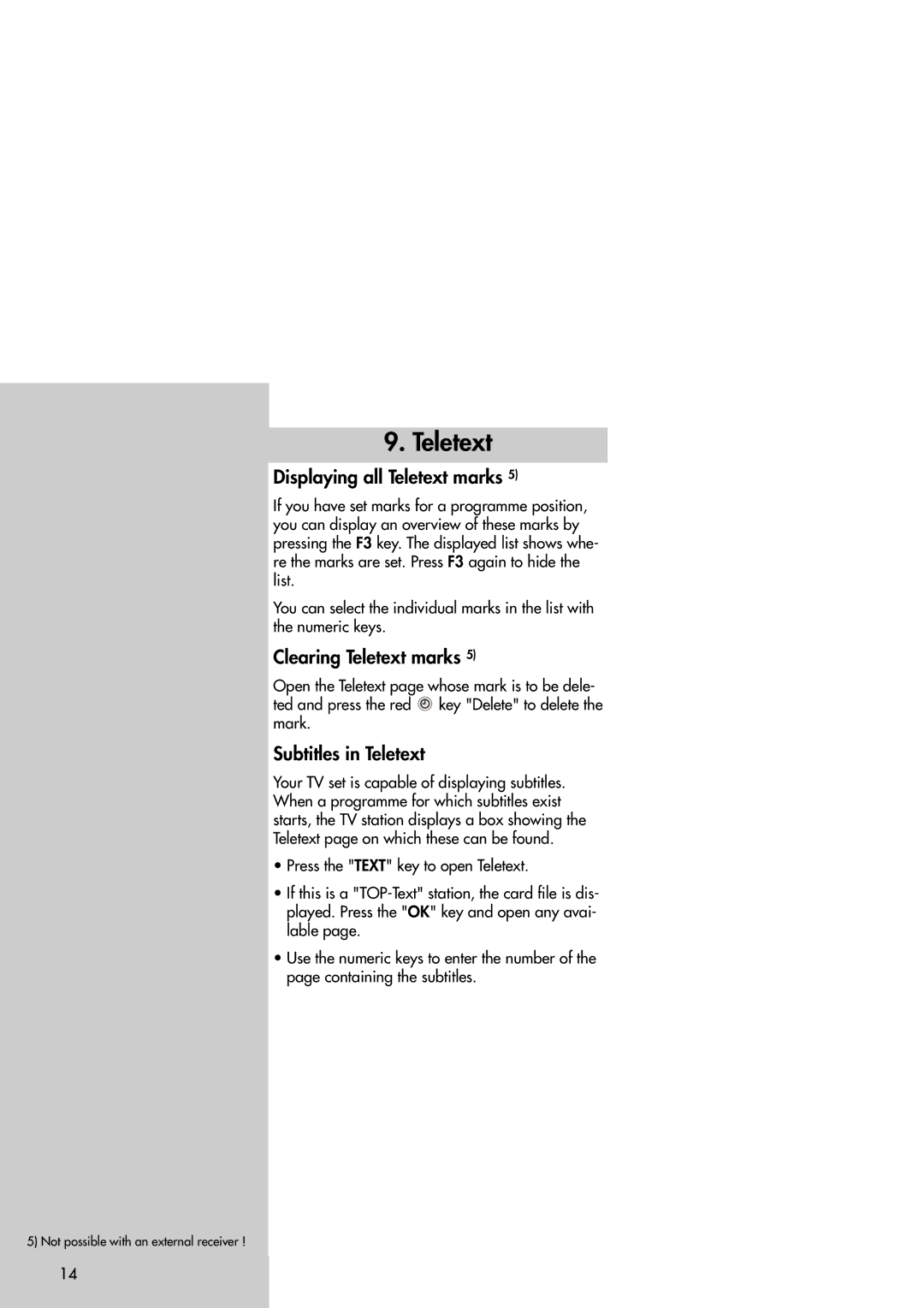 Metz Slim TV manual Displaying all Teletext marks, Clearing Teletext marks, Subtitles in Teletext 