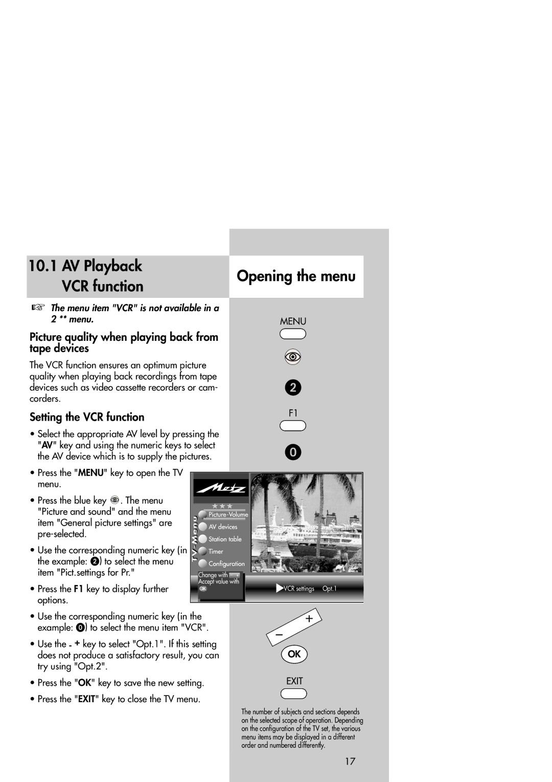 Metz Slim TV manual AV Playback VCR function, Picture quality when playing back from tape devices, Setting the VCR function 