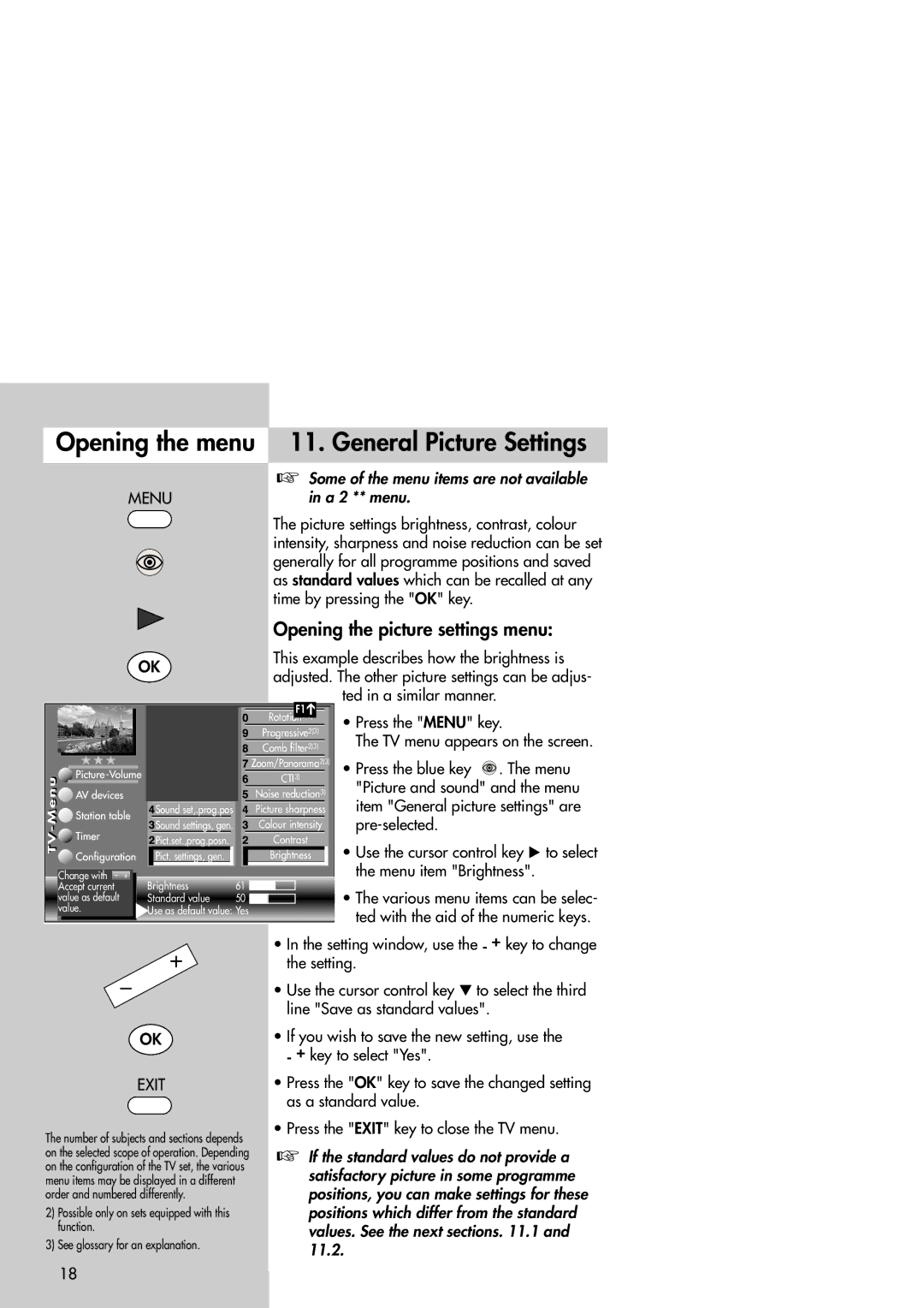 Metz Slim TV manual Opening the menu 11. General Picture Settings, Opening the picture settings menu 