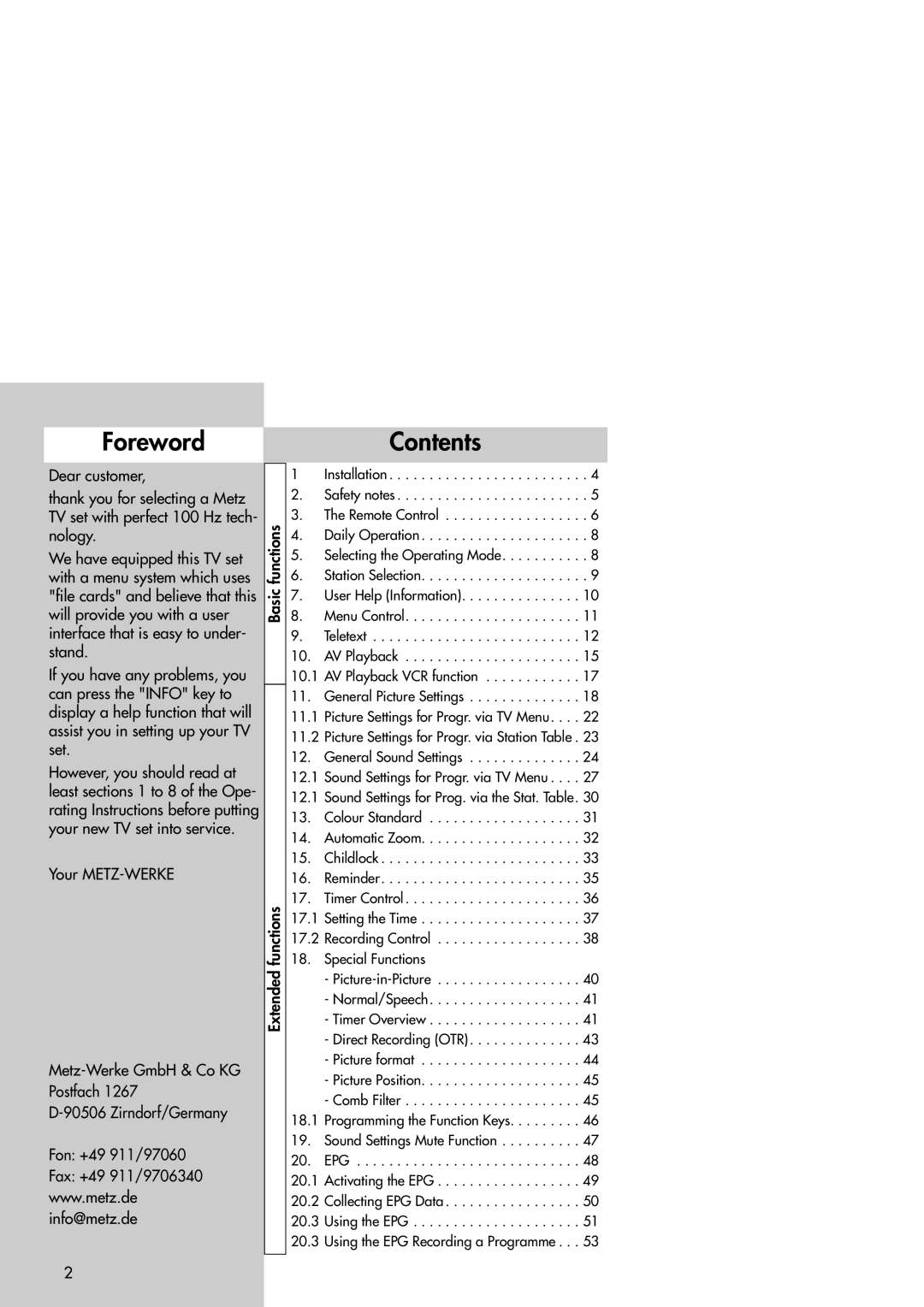 Metz Slim TV manual ForewordContents 