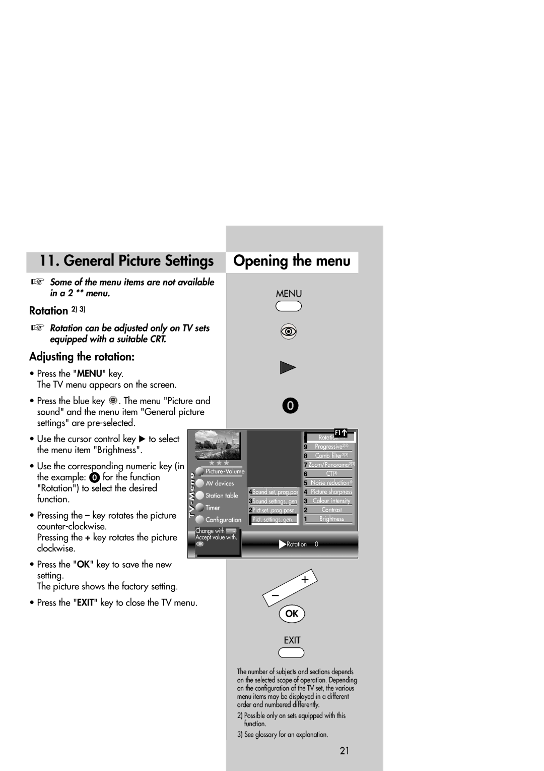 Metz Slim TV manual General Picture Settings Opening the menu, Rotation 2, Adjusting the rotation 