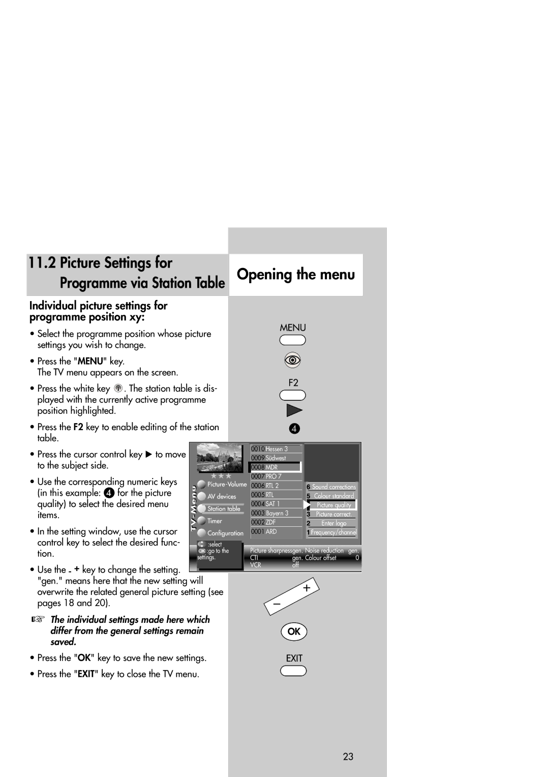 Metz Slim TV manual Picture Settings for Opening the menu, Individual picture settings for programme position xy 