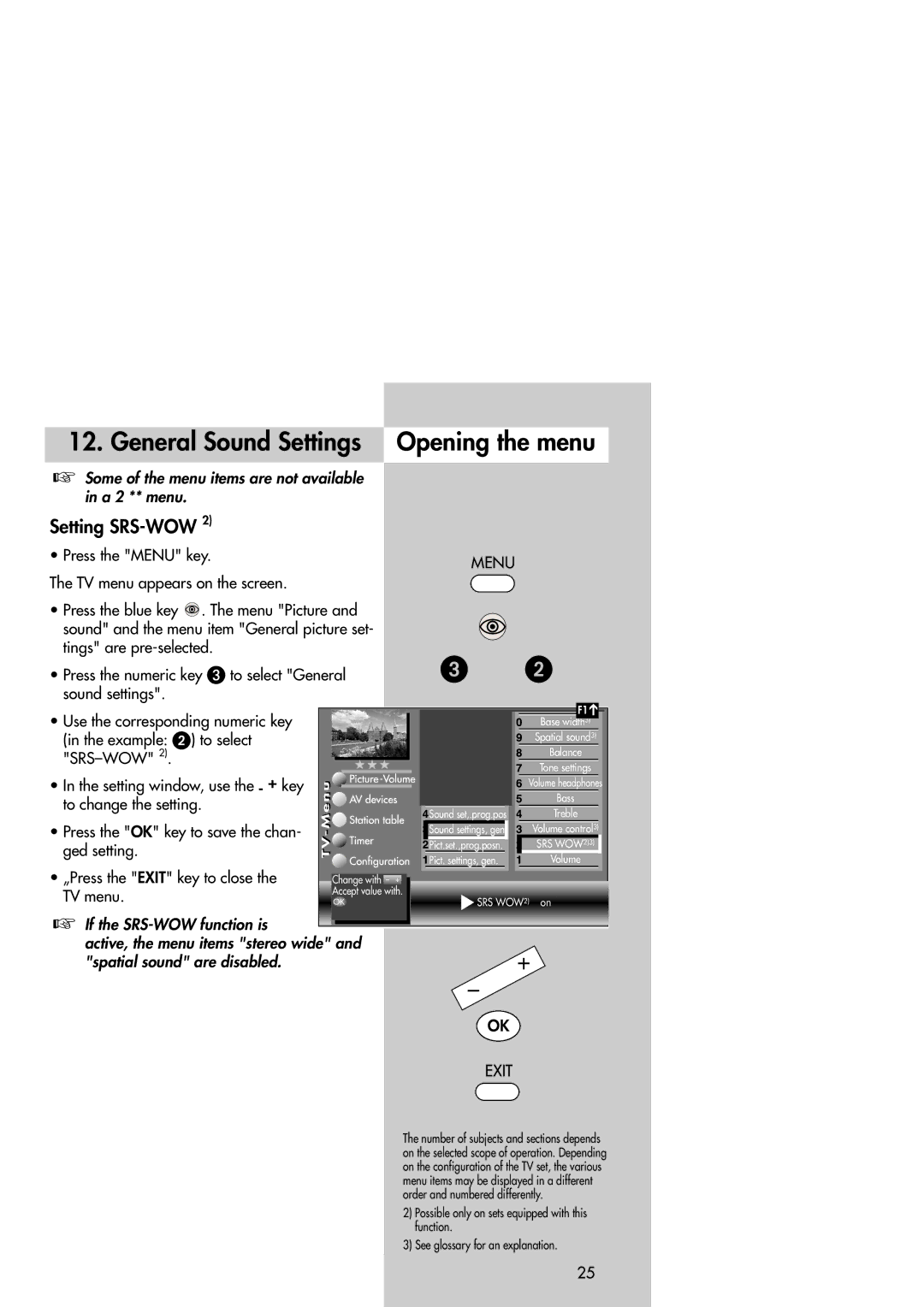 Metz Slim TV manual General Sound Settings Opening the menu, Setting SRS-WOW 