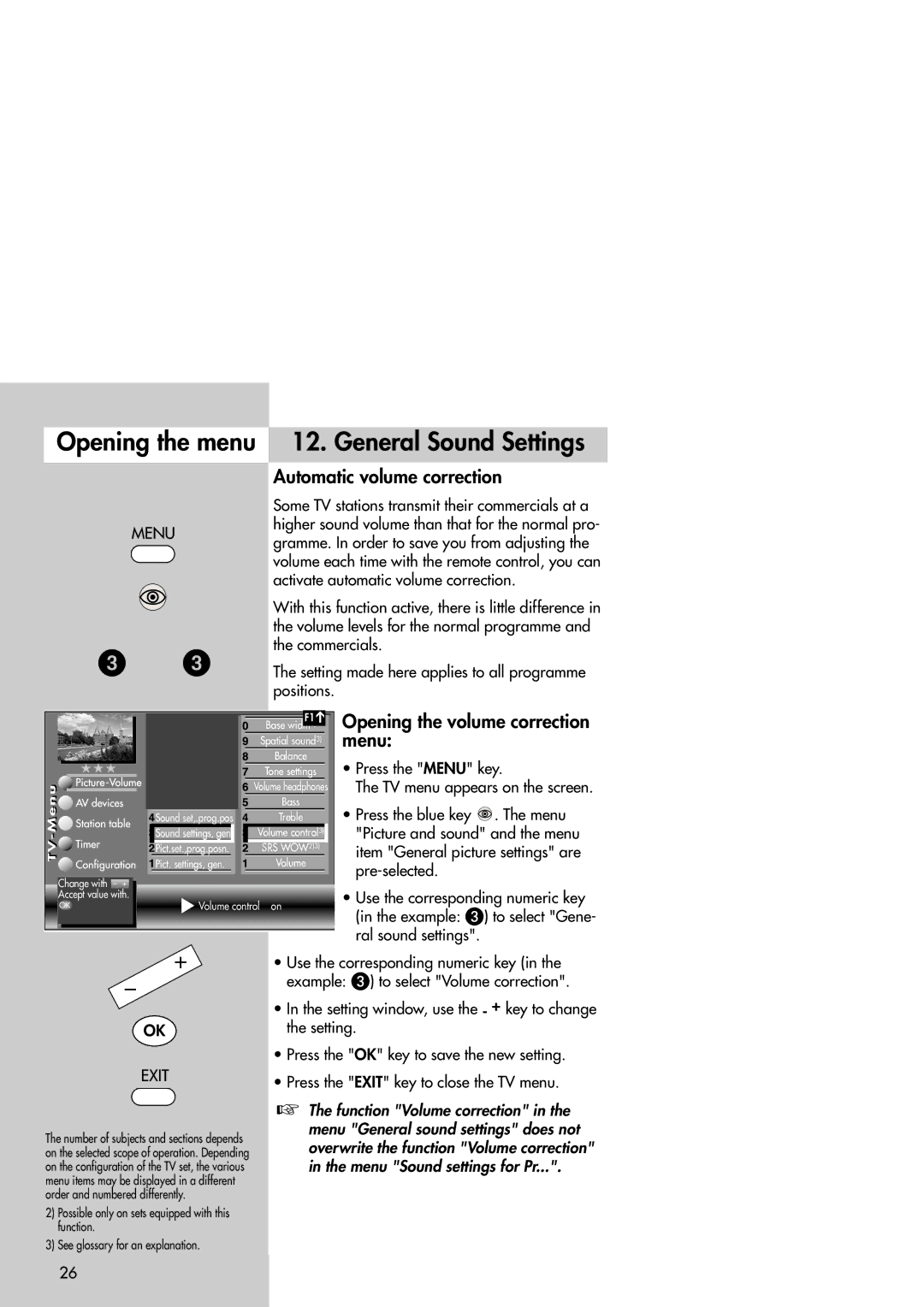 Metz Slim TV Opening the menu 12. General Sound Settings, Automatic volume correction, Opening the volume correction menu 