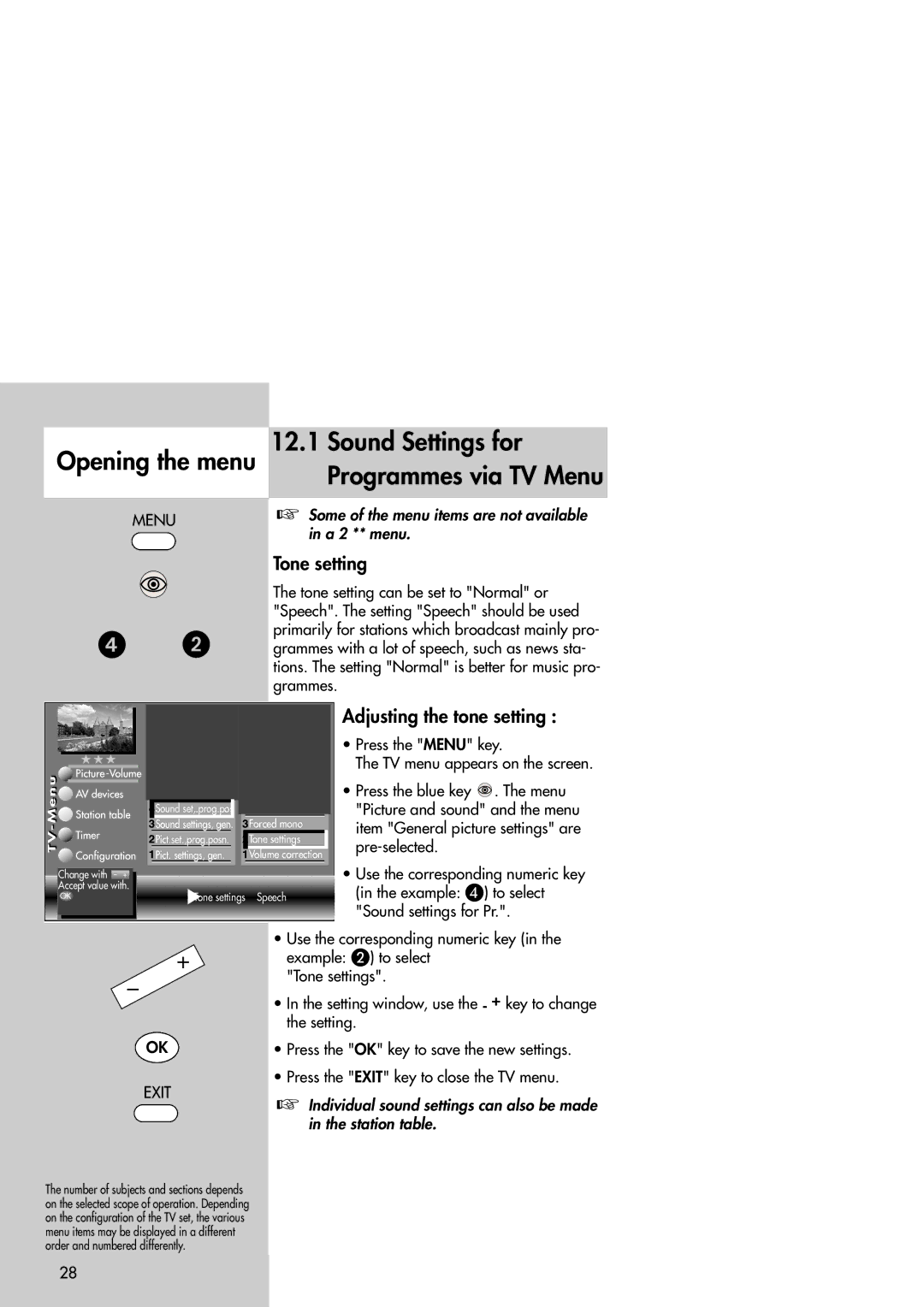 Metz Slim TV manual Sound Settings for Programmes via TV Menu, Tone setting, Adjusting the tone setting 