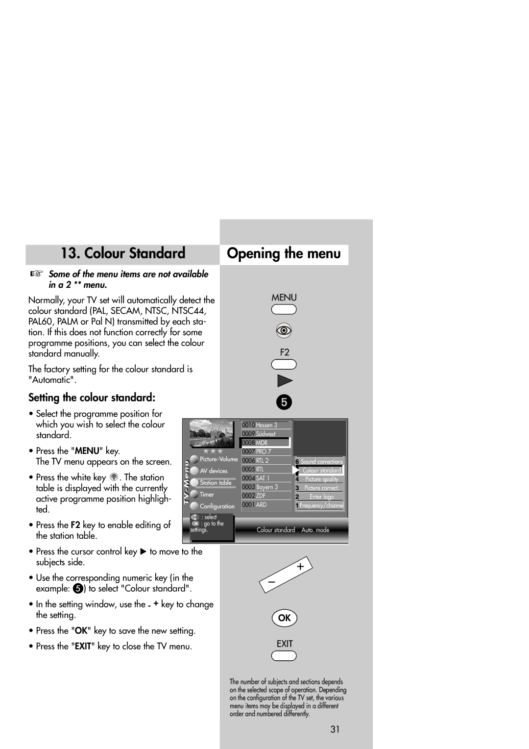 Metz Slim TV manual Colour Standard, Setting the colour standard 