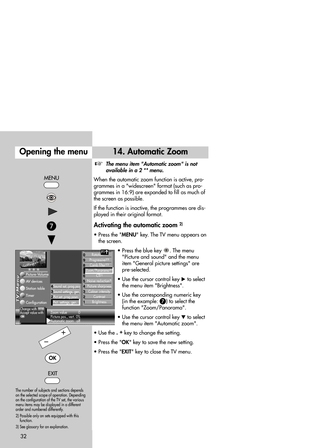 Metz Slim TV manual Automatic Zoom, Activating the automatic zoom, Example To select, Function Zoom/Panorama 