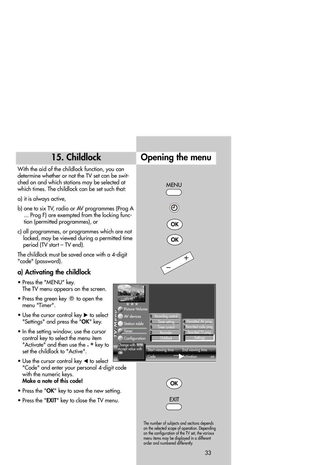 Metz Slim TV manual Childlock Opening the menu, Activating the childlock 