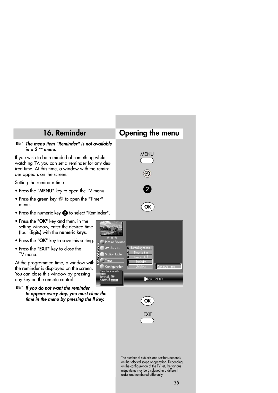 Metz Slim TV manual At the programmed time, a window with, Reminder is displayed on the screen 