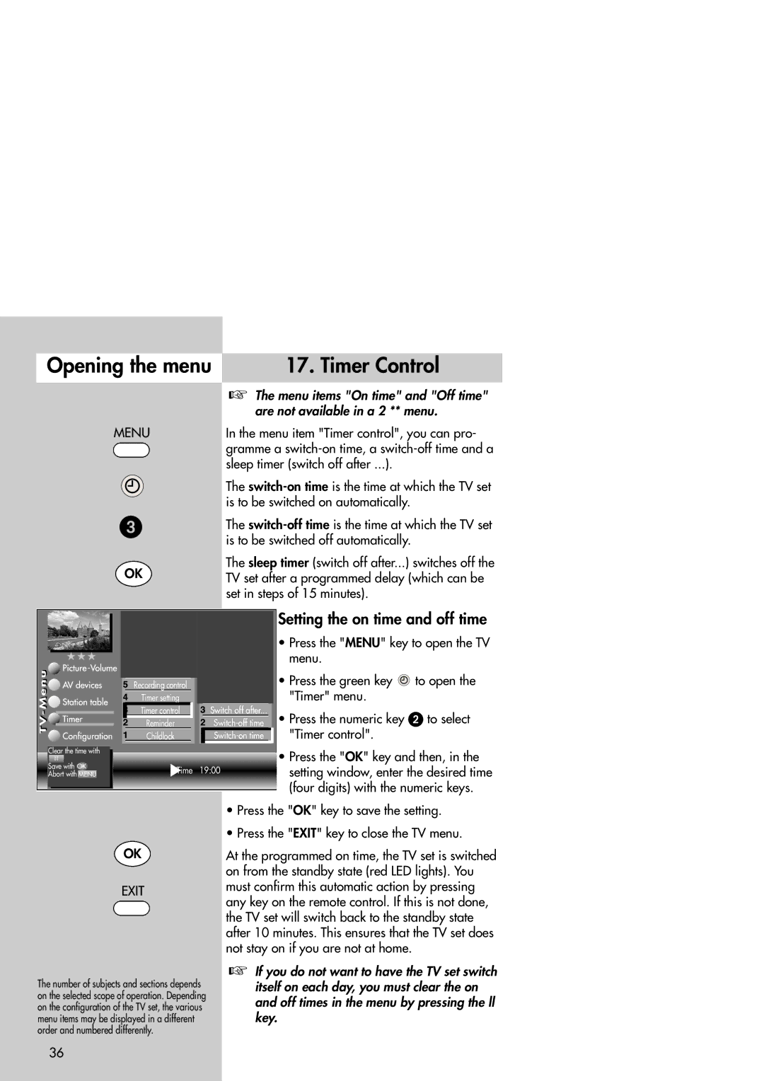 Metz Slim TV manual Timer Control, Setting the on time and off time, Menu Press the green key To open, Timer control 