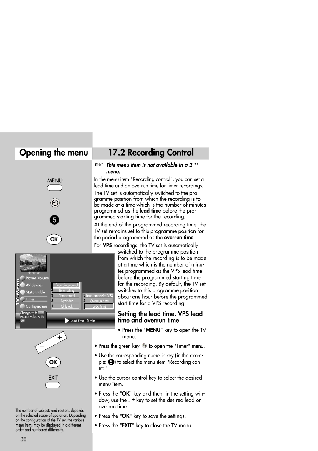 Metz Slim TV manual Opening the menu Recording Control 