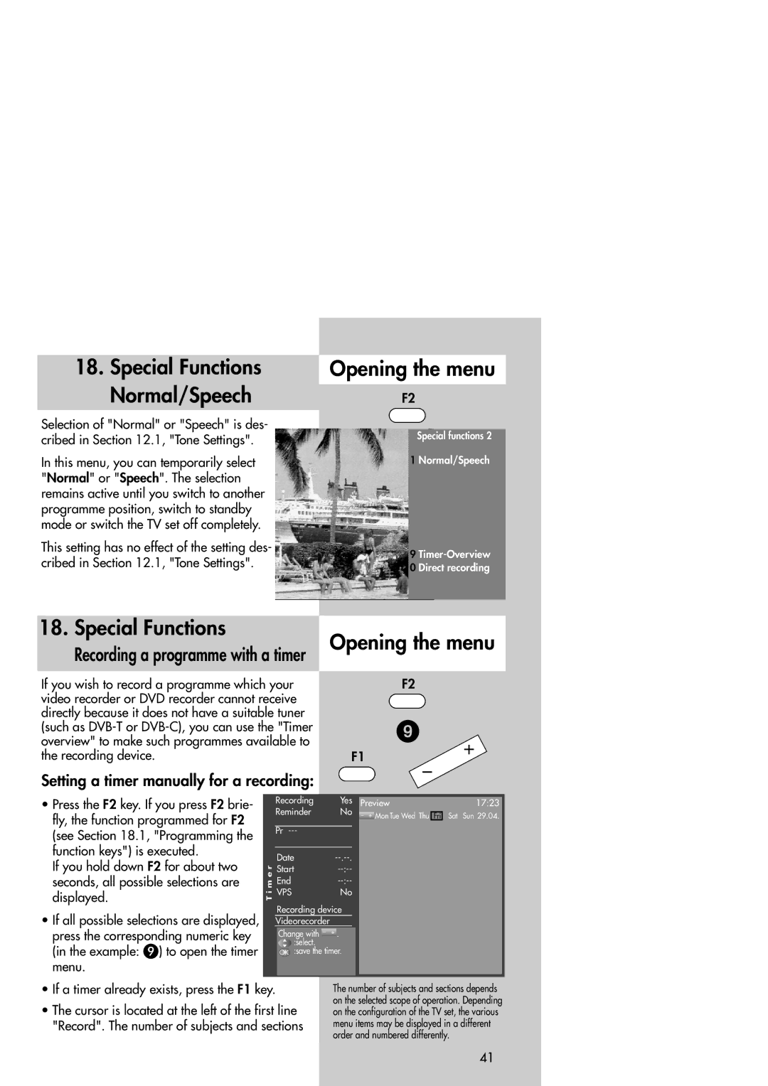 Metz Slim TV manual Special Functions Opening the menu, Recording a programme with a timer 