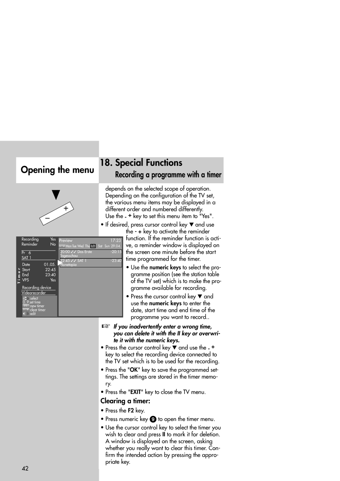 Metz Slim TV manual Opening the menu Special Functions, Clearing a timer 