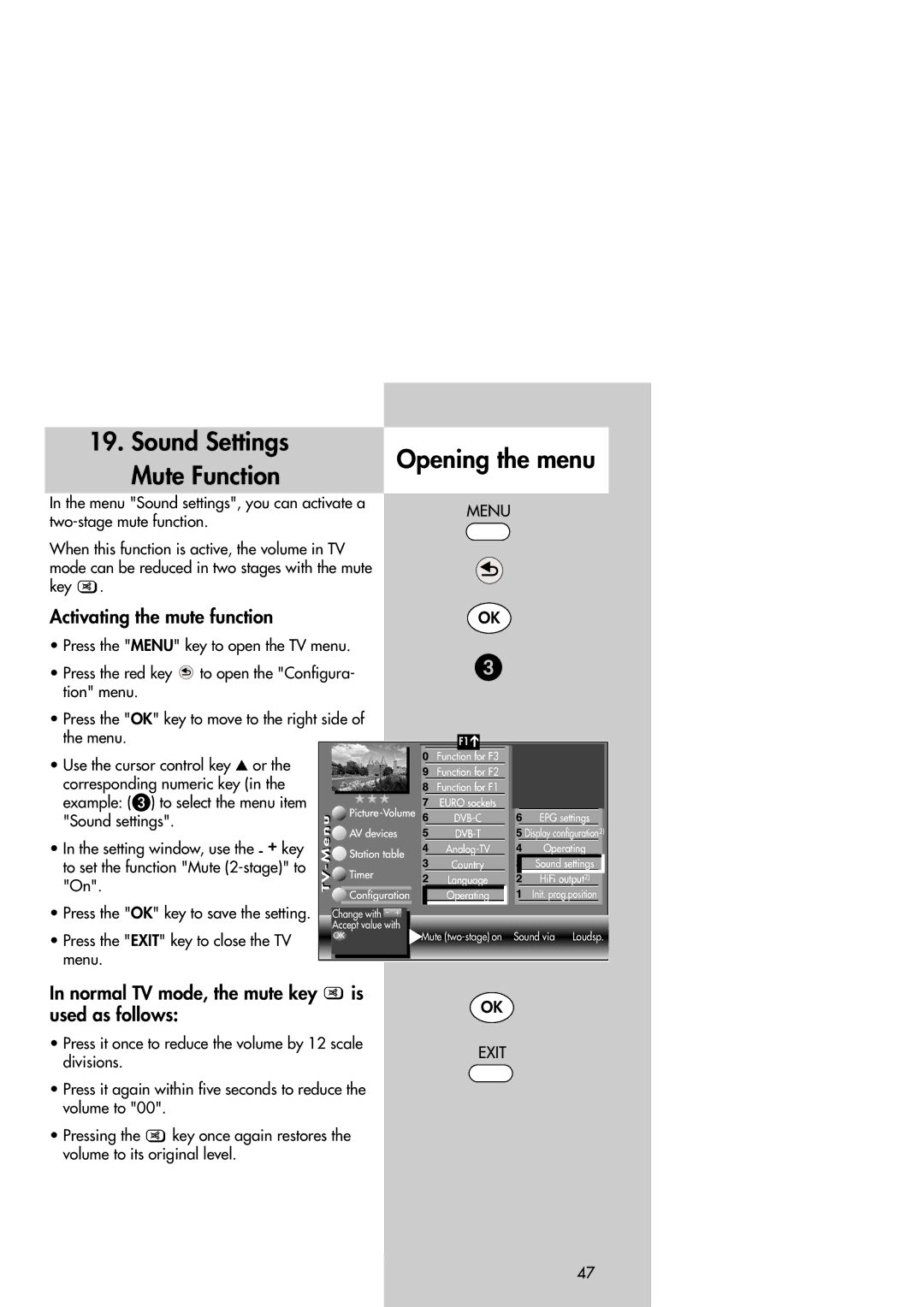 Metz Slim TV manual Sound Settings Mute Function Opening the menu, Activating the mute function 