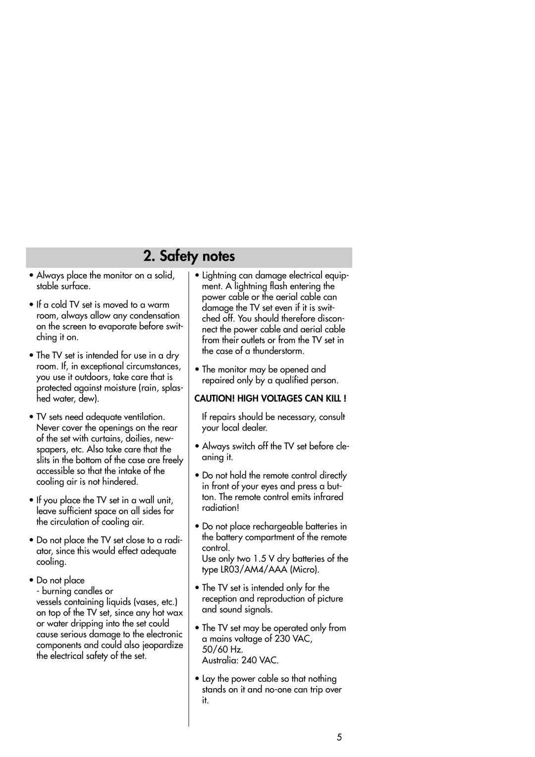 Metz Slim TV manual Safety notes 