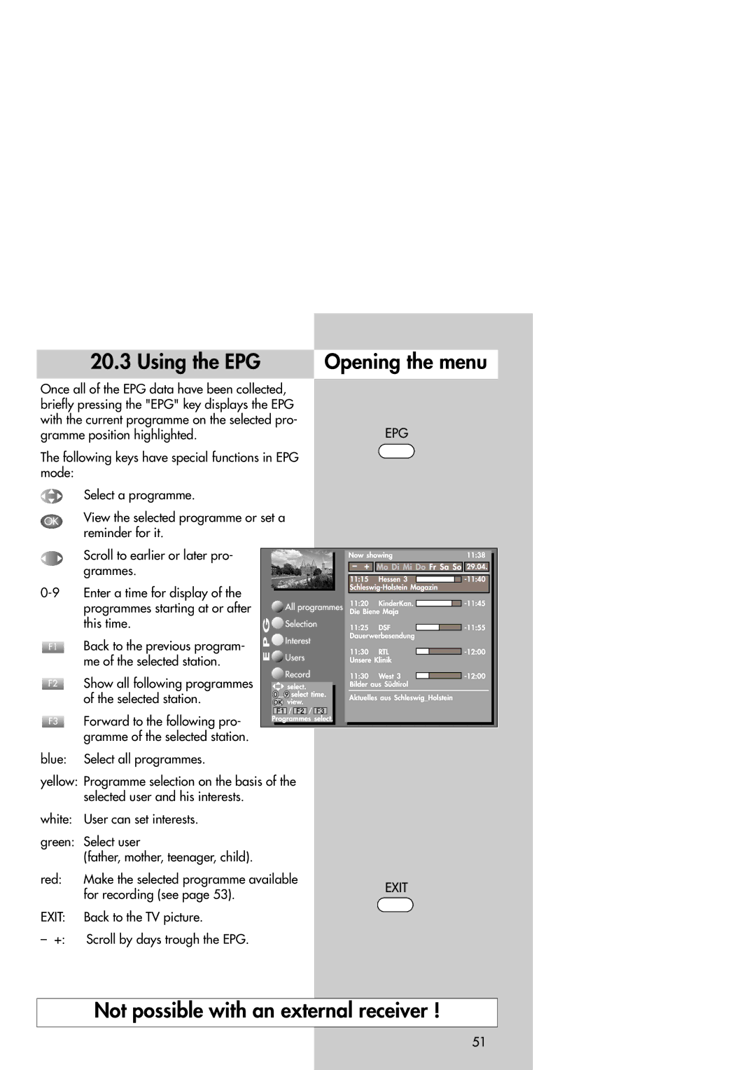 Metz Slim TV manual Using the EPG Opening the menu 