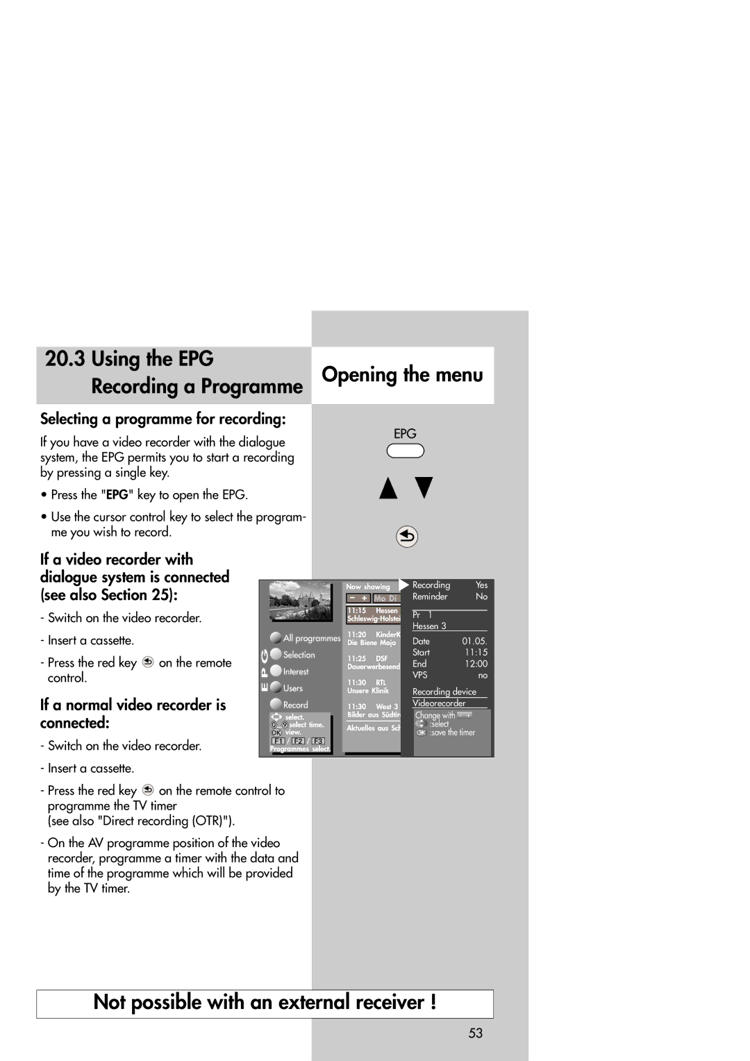 Metz Slim TV manual Using the EPG Opening the menu Recording a Programme, Selecting a programme for recording 